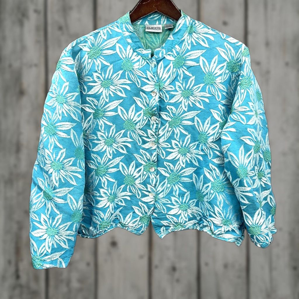Vintage Chicos Blouse Women Large Blue Silk Blend Floral Button Down Embroidered Cottagecore READ Size L / US 10 / IT 46 - 1 Thumbnail
