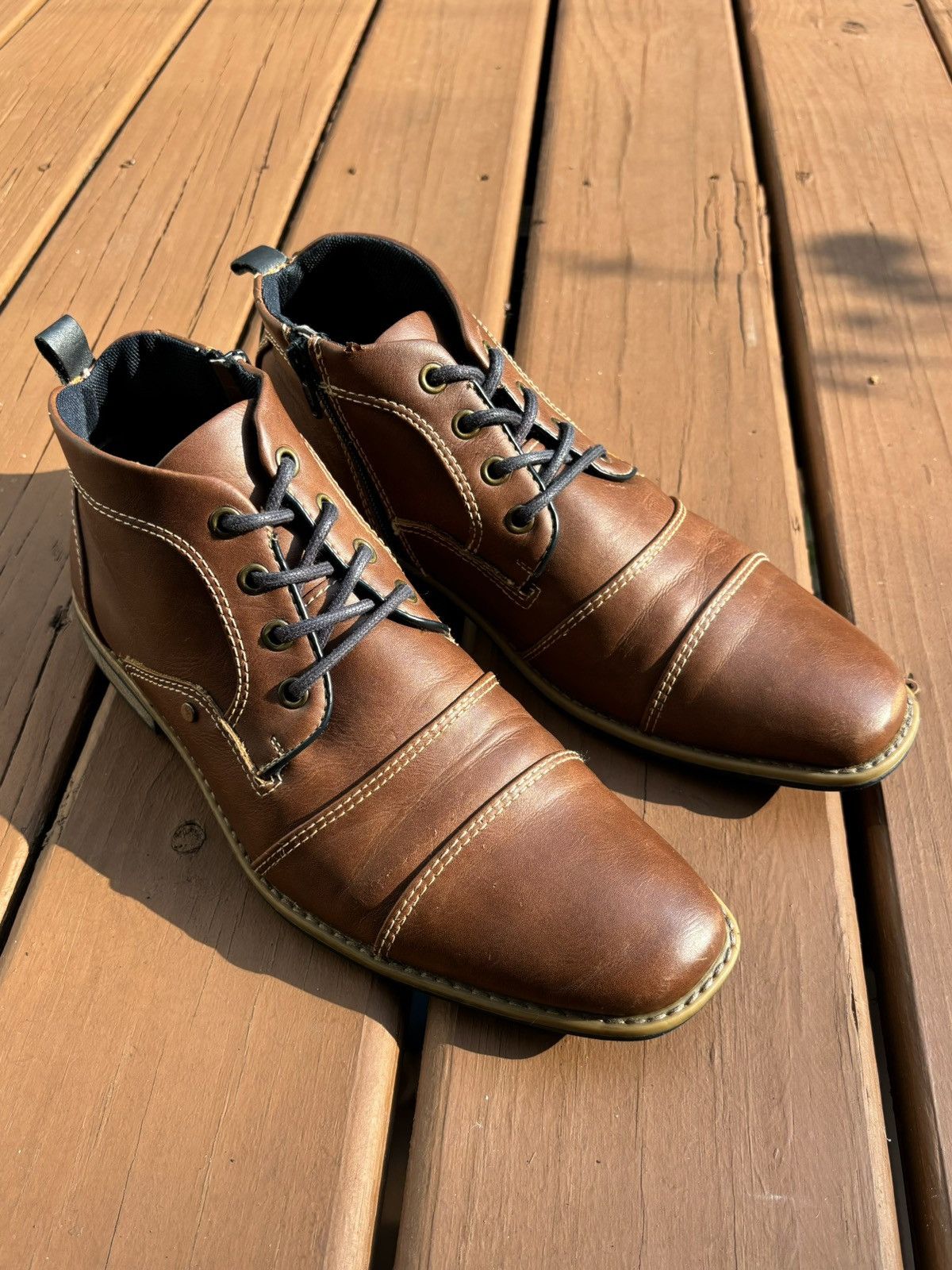 Apt. 9 × Designer Brown Leather Ankle Boots Apt 9 Cap Toe Zipper Cognac & Navy Size US 8 / EU 41 - 7 Thumbnail