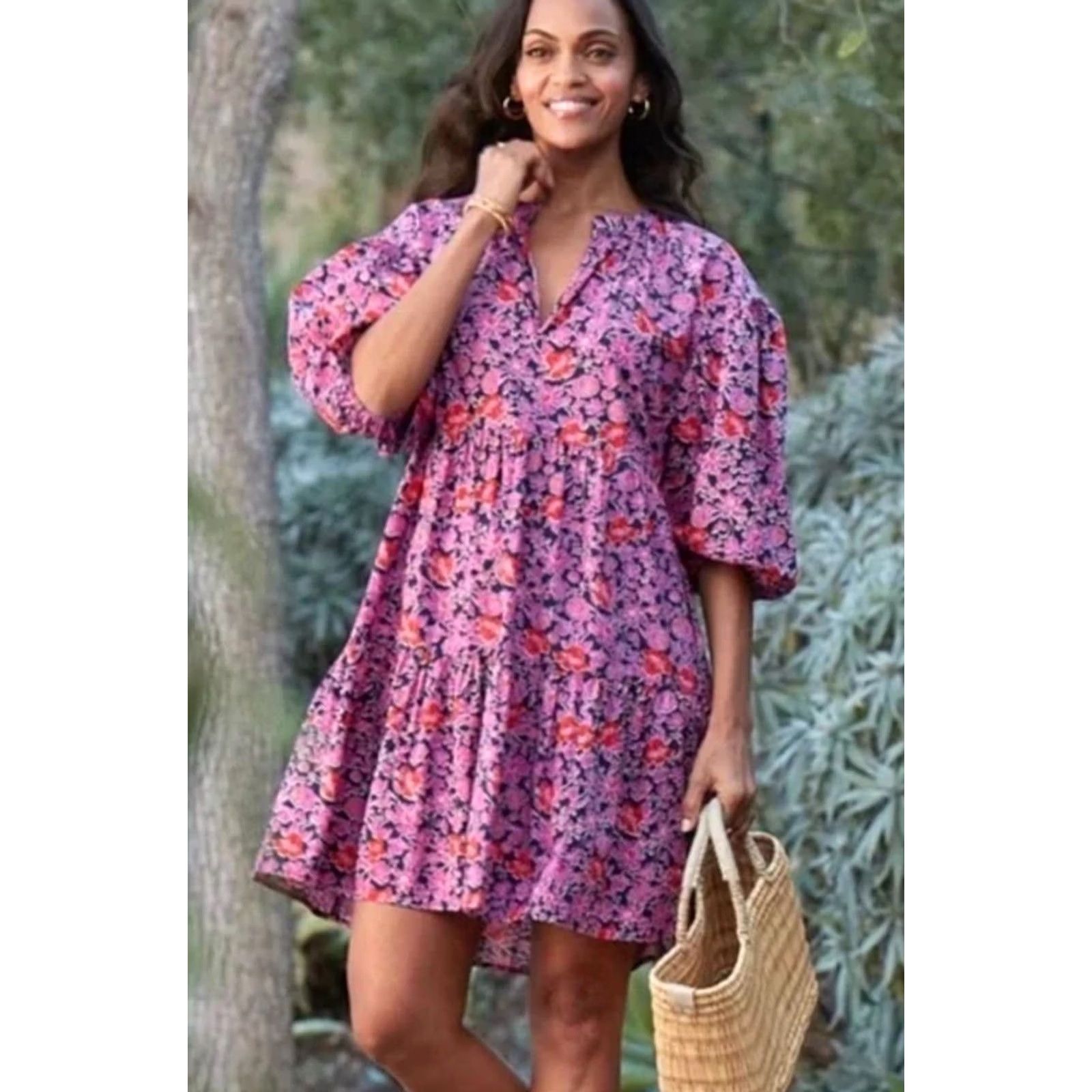 Sundry Sundry Women Mini Dress Floral Cotton Puff Sleeve V-Neck Short Multicolor Summer Casual Size S Pockets Womens Size S / US 4 / IT 40 - 7 Thumbnail