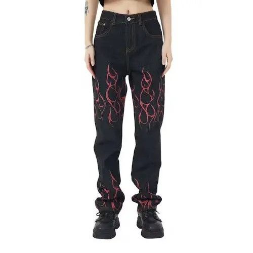 image of Black Fire Flame Graphic Denim Jeans, Men's (Size 32)