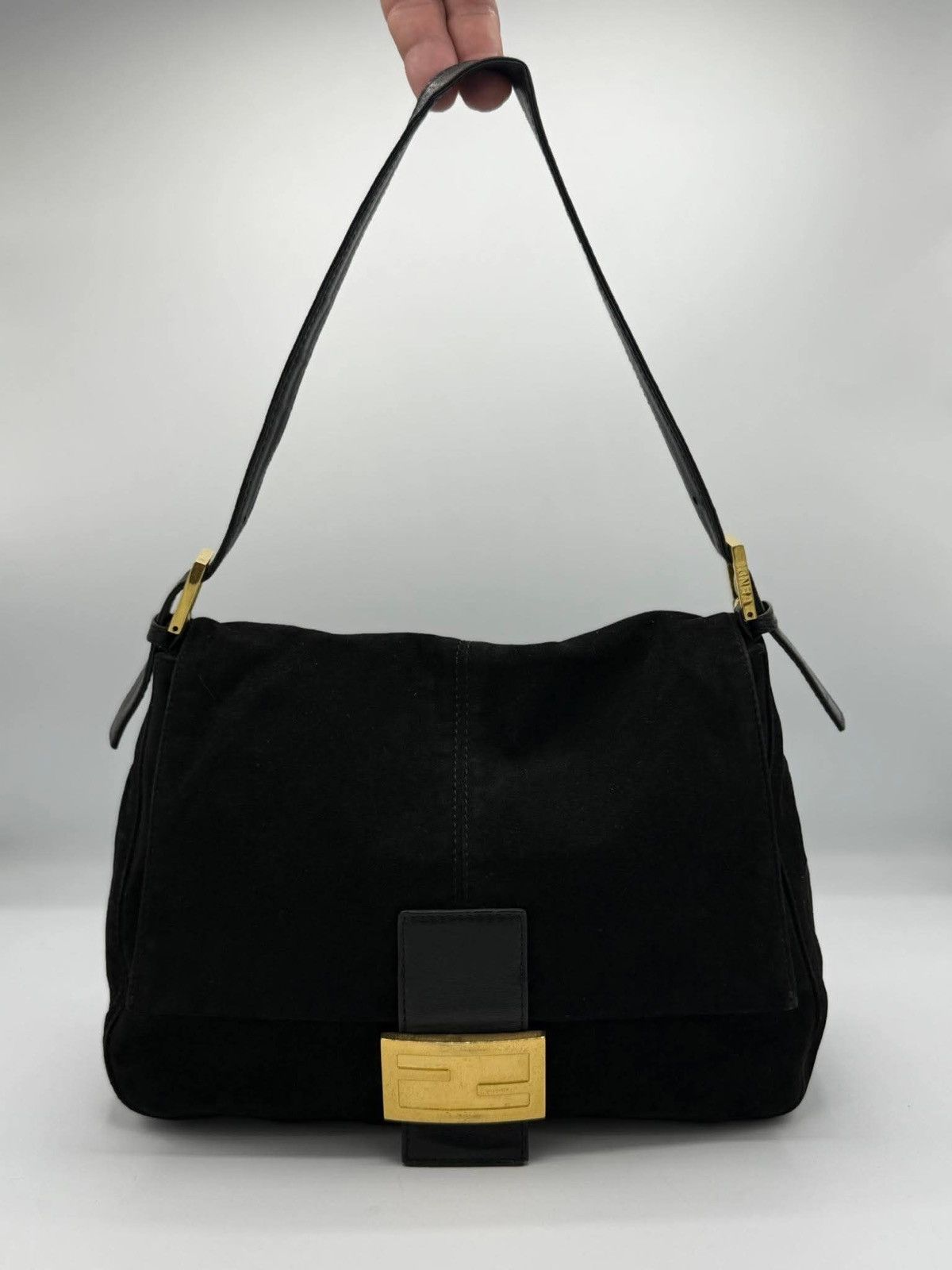 Fendi Mama Baguette Suede Bag in Black, Women's