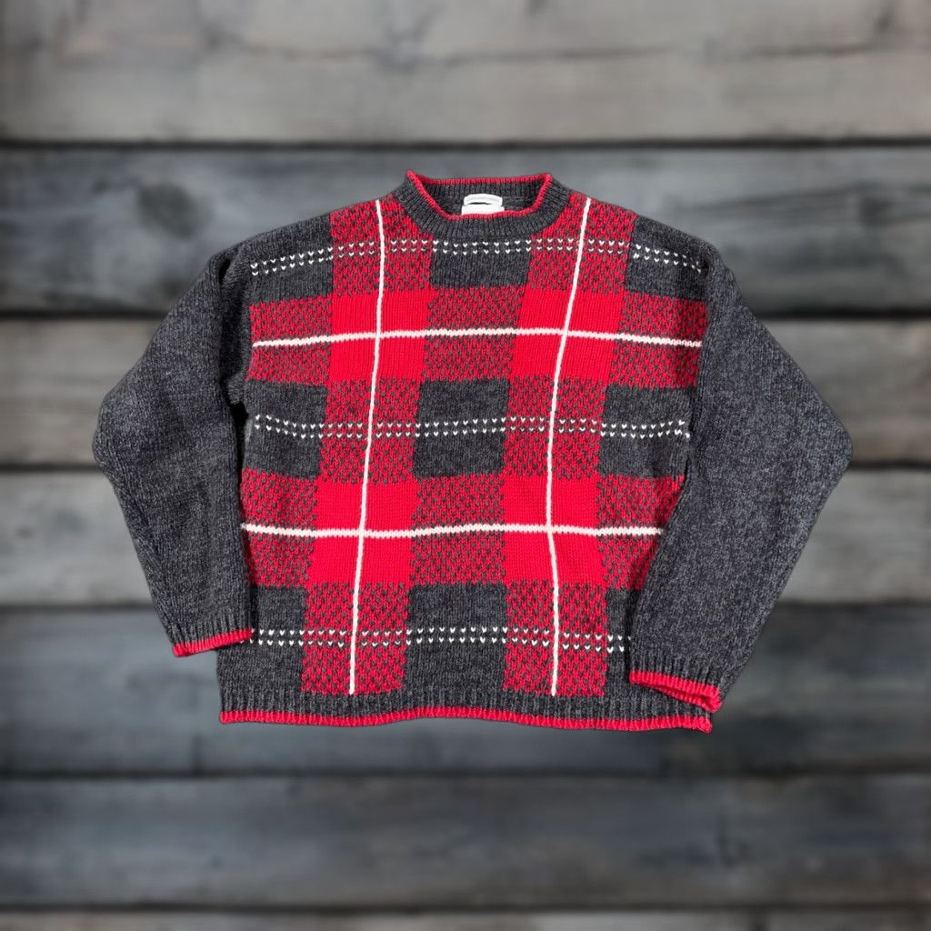 Vintage VINTAGE Christopher & Banks Sweater Women's Large Gray Red Plaid Hand Embroidered 90s Casual Knit Pullover Size L / US 10 / IT 46 - 1 Thumbnail