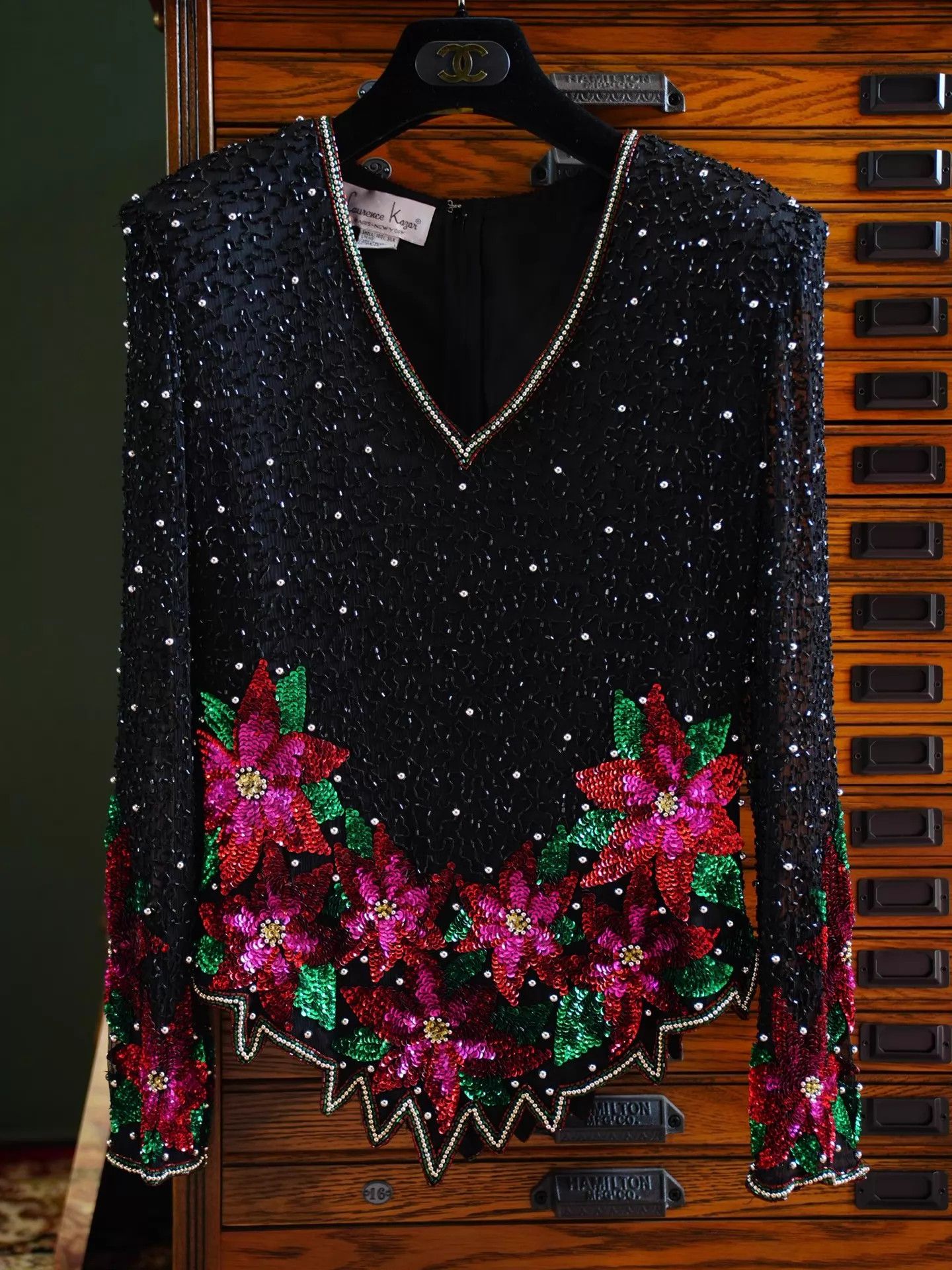 Other Vtg Black Silk Beaded Pearl Floral Embroidered Top Size M / US 6-8 / IT 42-44 - 2 Thumbnail