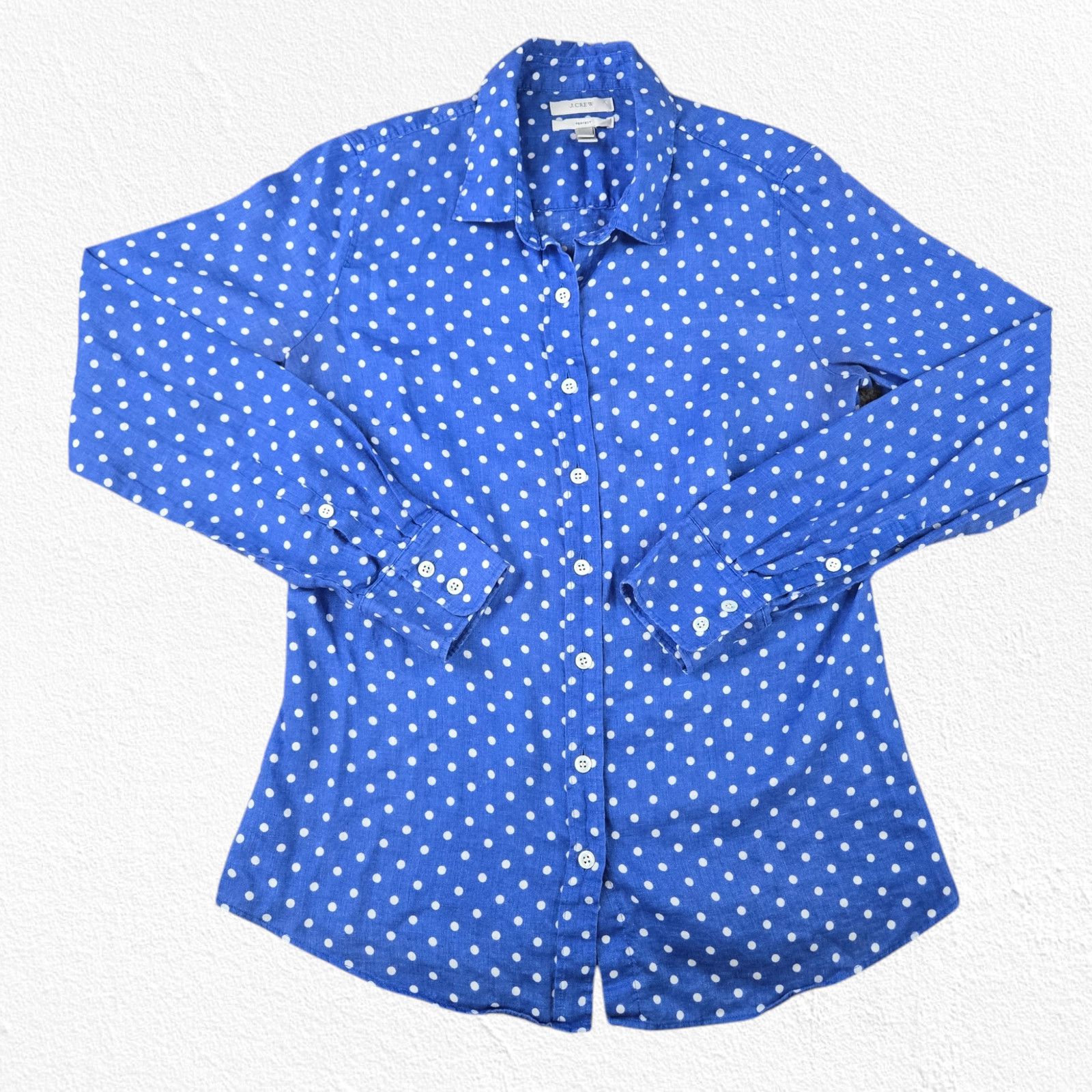 J.Crew J Crew Blue Polka Dot Button Down Linen Blouse Size 4 Size S / US 4 / IT 40 - 2 Thumbnail