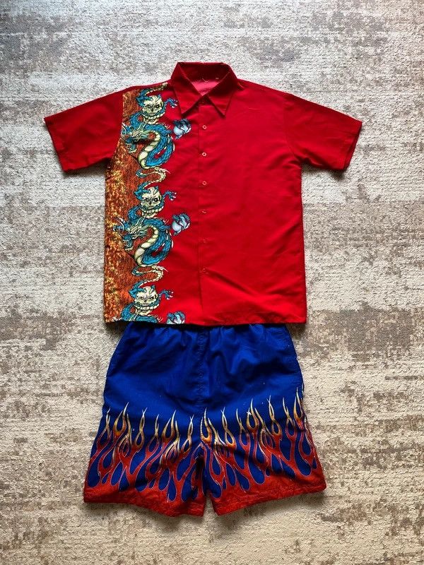 Other Y2K Flames Dragon Skull Fishbone Shirt + Laos Shorts Vintage Size 36S - 1 Thumbnail
