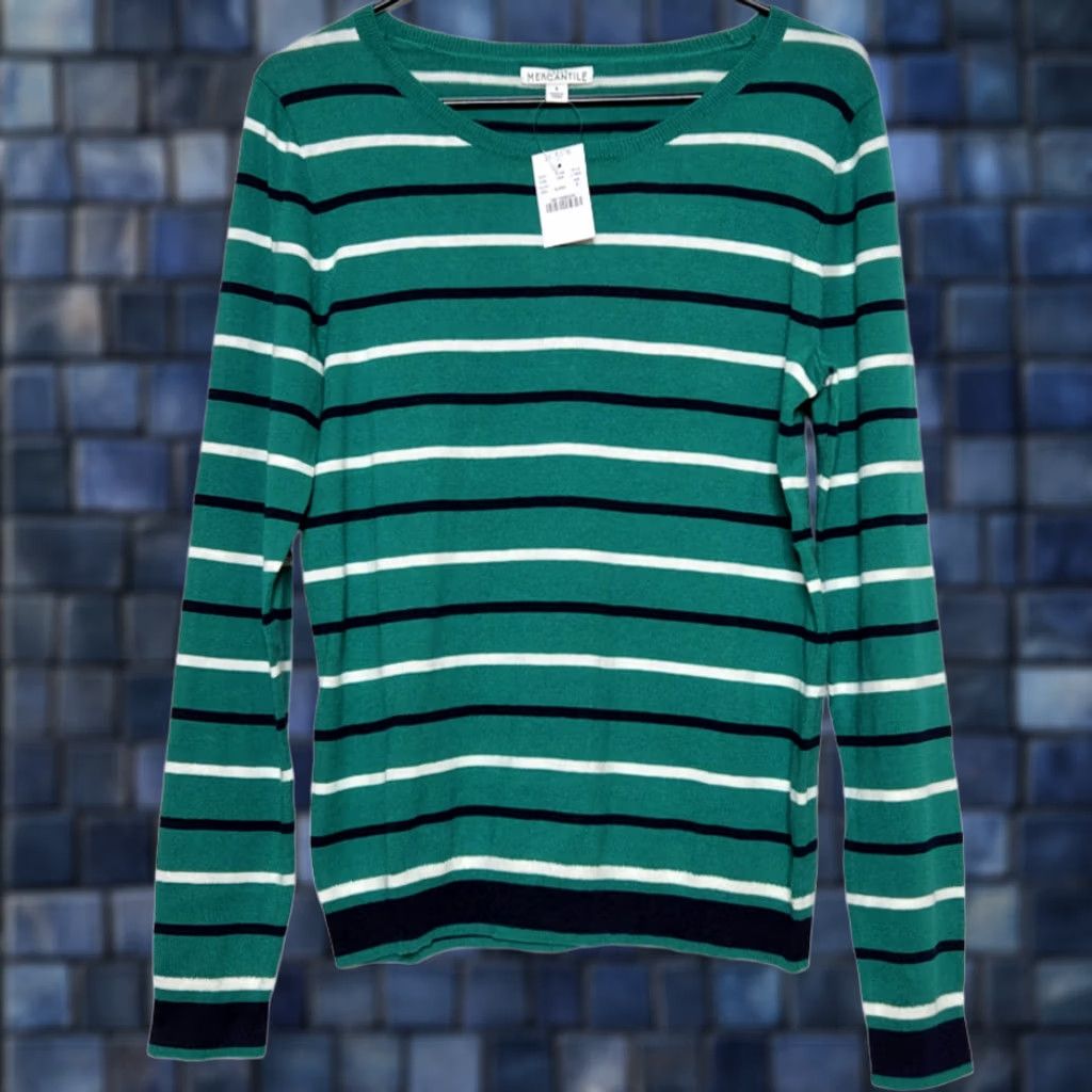 J.Crew J.CREW Womens S Peyton Mixed Striped Pullover Sweater 100% Cotton Green Size S / US 4 / IT 40 - 1 Thumbnail