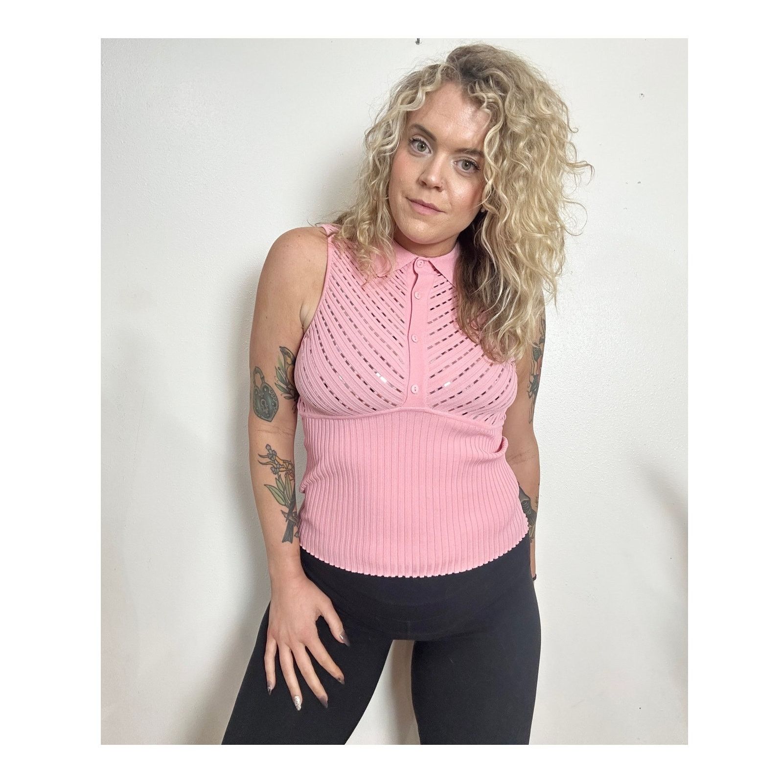 Other Y2K Sequin Pink Stretch Collared Tank Top Size L / US 10 / IT 46 - 1 Thumbnail