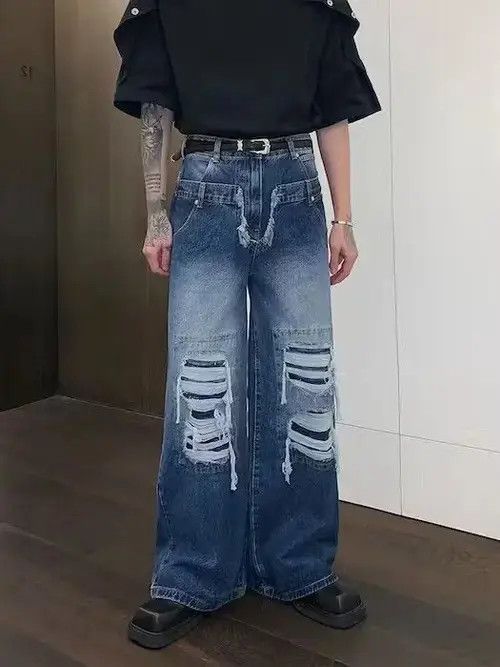 Japanese Brand × Jean Baggy Washed Distressed Blue Jeans, Ripped Jeans Size US 30 / EU 46 - 1 Thumbnail