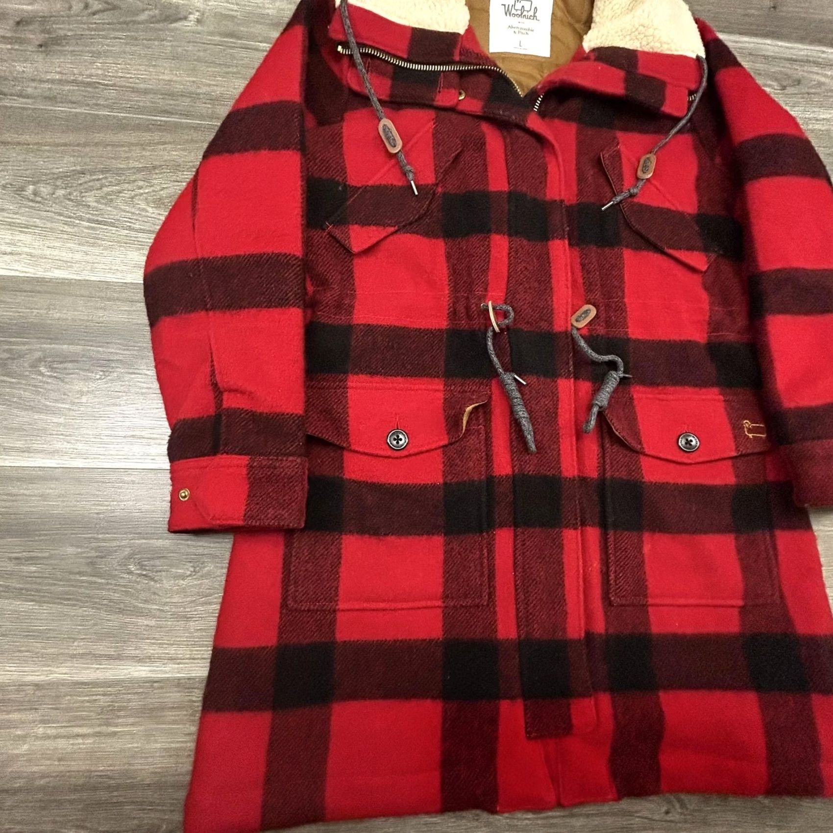 Vintage Woolrich Abercrombie & Fitch Coat Womens Large Red Buffalo Plaid Wool Parka Size L / US 10 / IT 46 - 3 Thumbnail