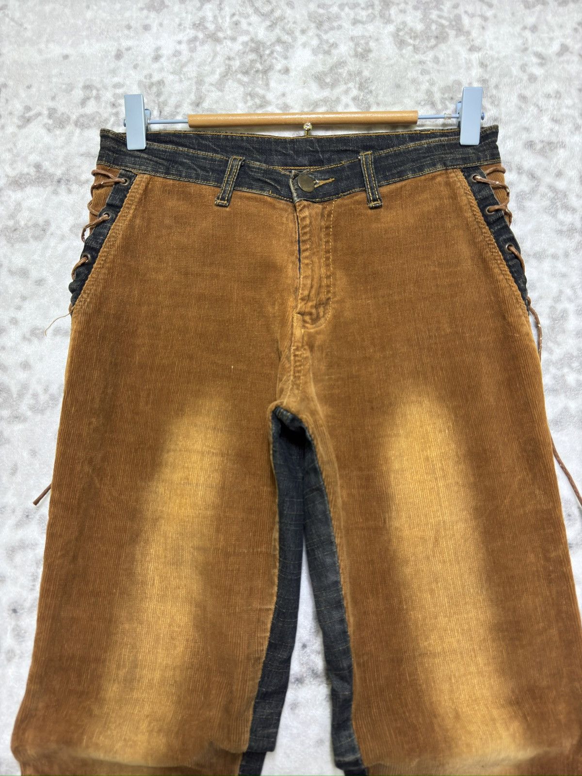 Japanese Brand Y2K Unisex Lace Up Bootcut Denim Corduroy Hybrid Jeans Size US 27 - 3 Thumbnail