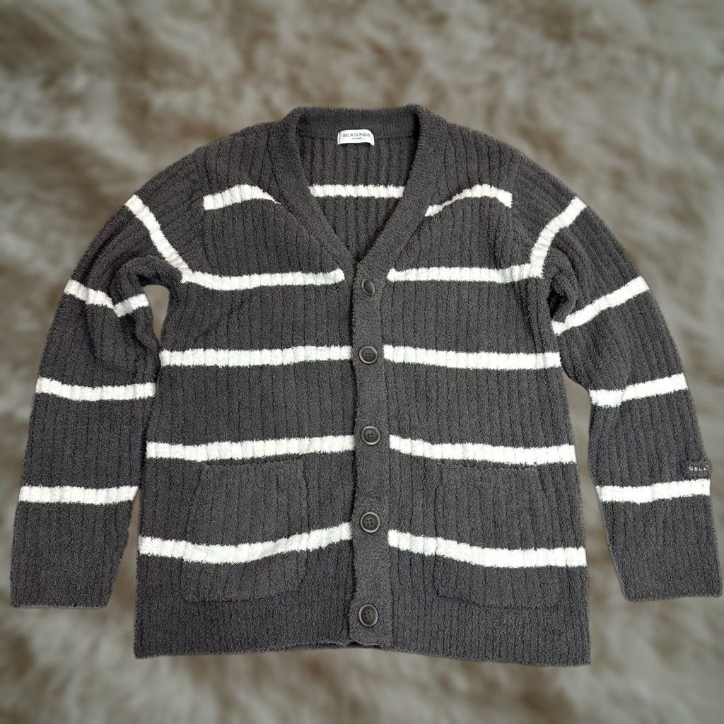Vintage Gelato Pique Cardigan Mens L Gray White Striped Fleece Button Up Sweatshirt Size US L / EU 52-54 / 3 - 1 Thumbnail