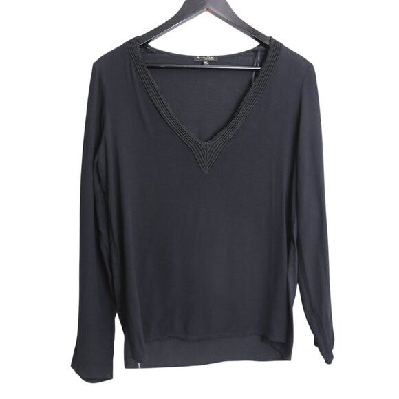Massimo Dutti Massimo Dutti V-Neck Textured Trim Black Long Sleeve Blouse Size S / US 4 / IT 40 - 1 Thumbnail