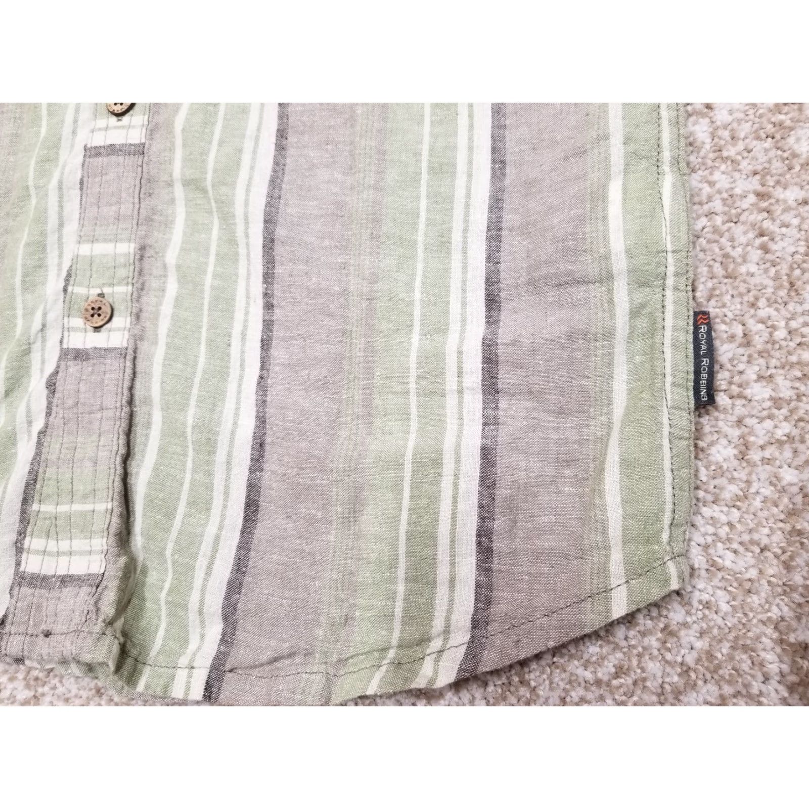Wrangler Royal Robbins Shirt Mens Small Green Brown Short Sleeve Hemp Organic Cotton Blend Button-Up with Pockets, Striped, Casual, Adult XL, Beige, Wool? Size US XL / EU 56 / 4 - 3 Thumbnail
