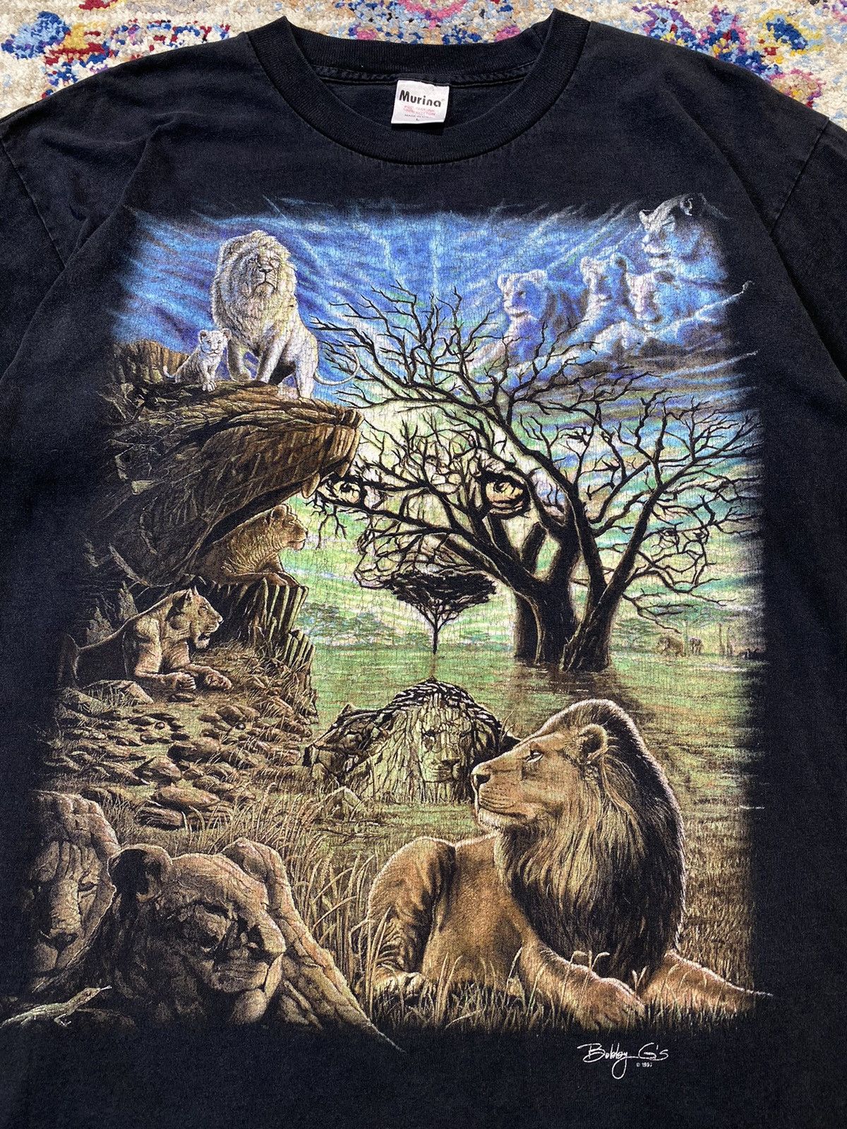 Vintage 1997 Bobby G Lion Savannah Safari Psychedelic T Shirt Size US L / EU 52-54 / 3 - 4 Thumbnail