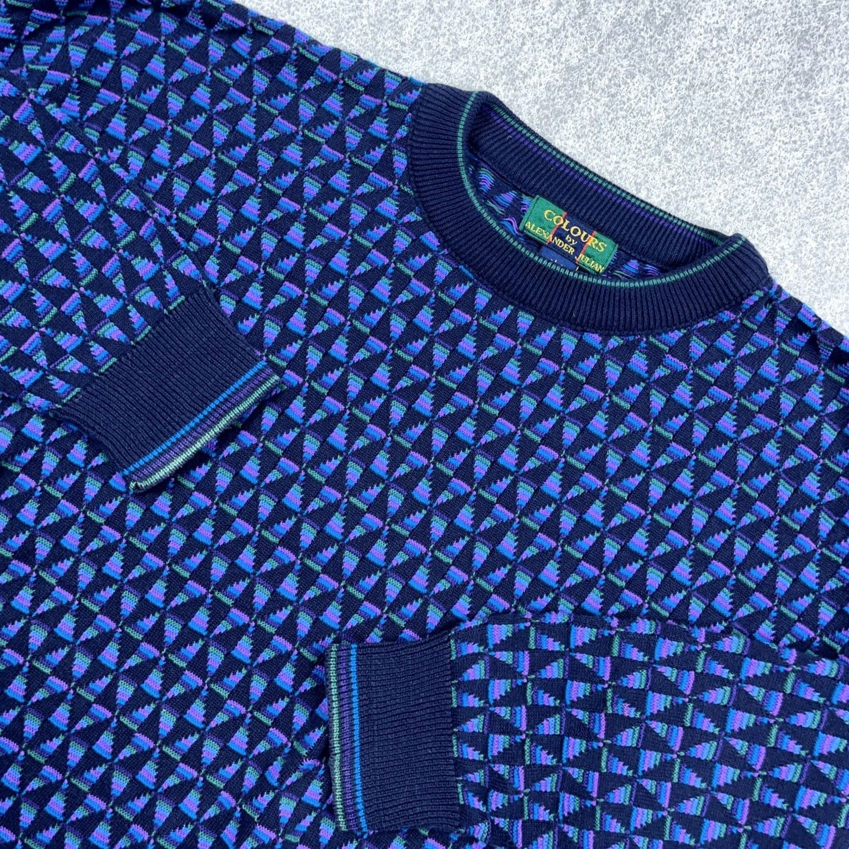 Alexander Julian VINTAGE Grandpa Sweater Large Blue Geometric Crewneck Cotton 90s USA Made Men Size US L / EU 52-54 / 3 - 2 Thumbnail