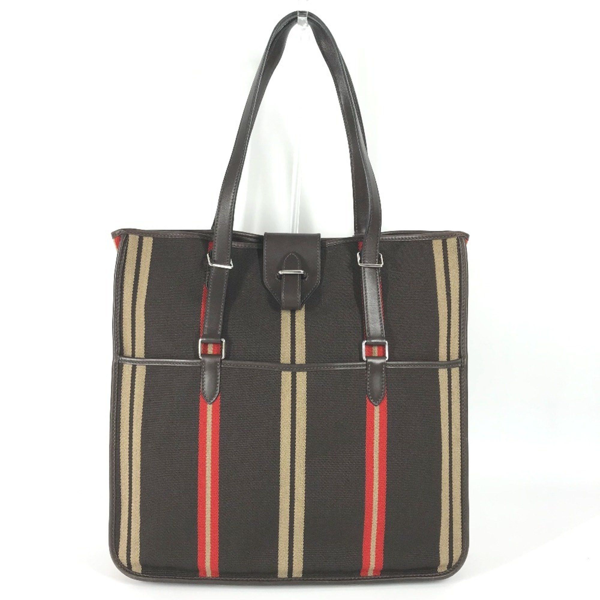 Hermes Jumping Cabas Bag Shoulder Tote Vertical Leather Canvas Women's Brown
