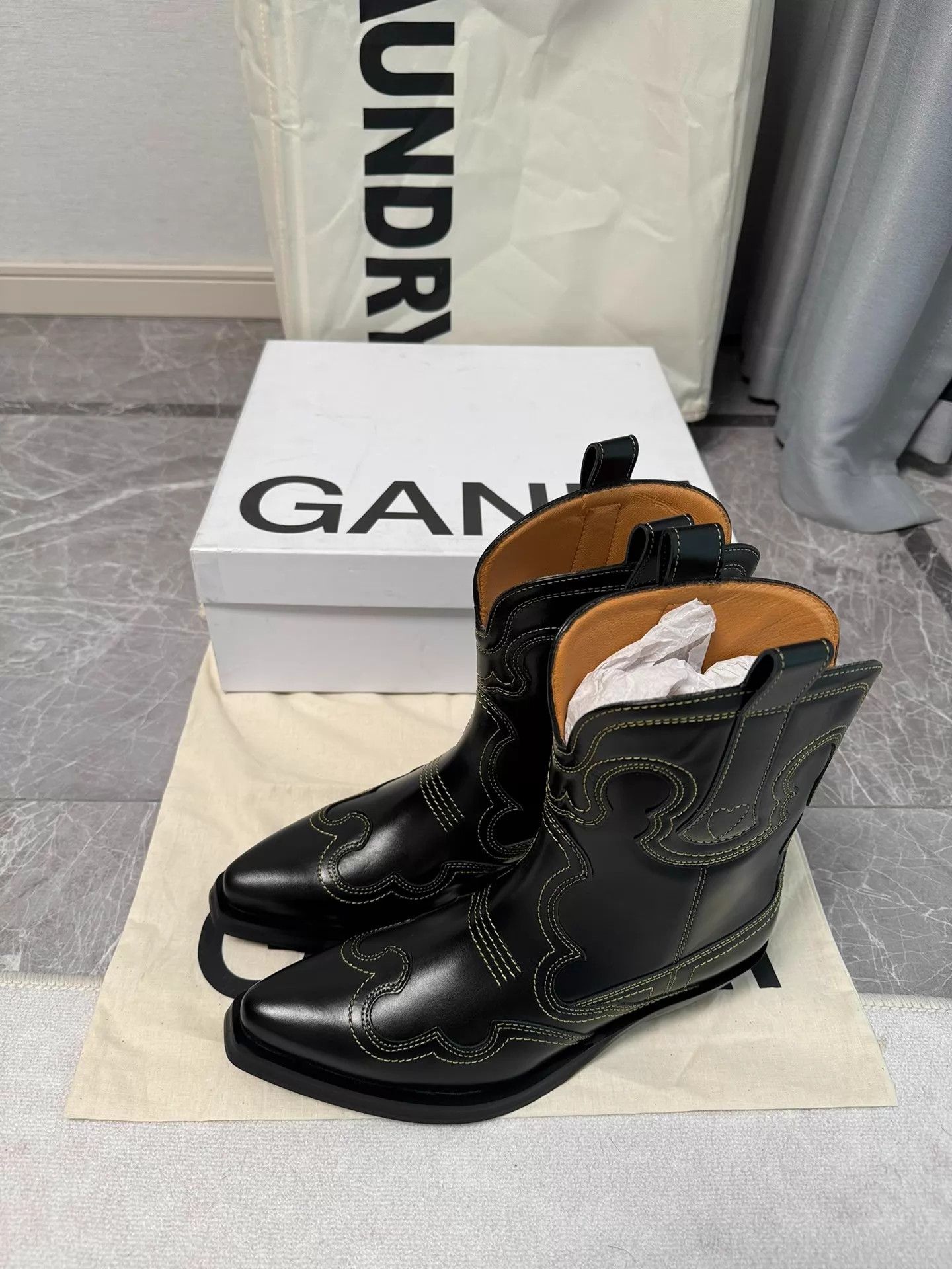 Ganni GANNI Denim Boot 37 Black Yellow Embroidered Vintage Leather Size US 6.5 / IT 36.5 - 8 Thumbnail