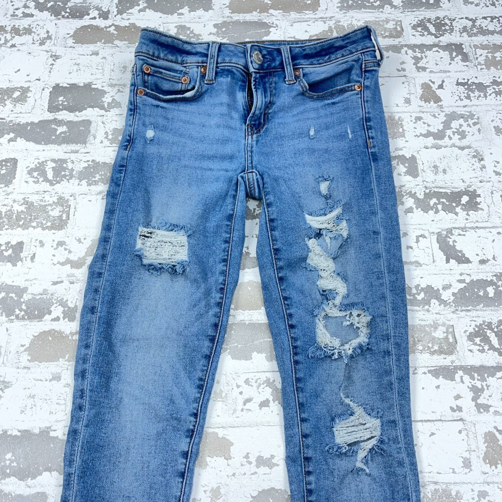 American Eagle Outfitters VINTAGE American Eagle Jeans Women 4 Jegging Mid Rise Stretch Pants Holes Raw Hem Size 27" / US 4 / IT 40 - 6 Thumbnail