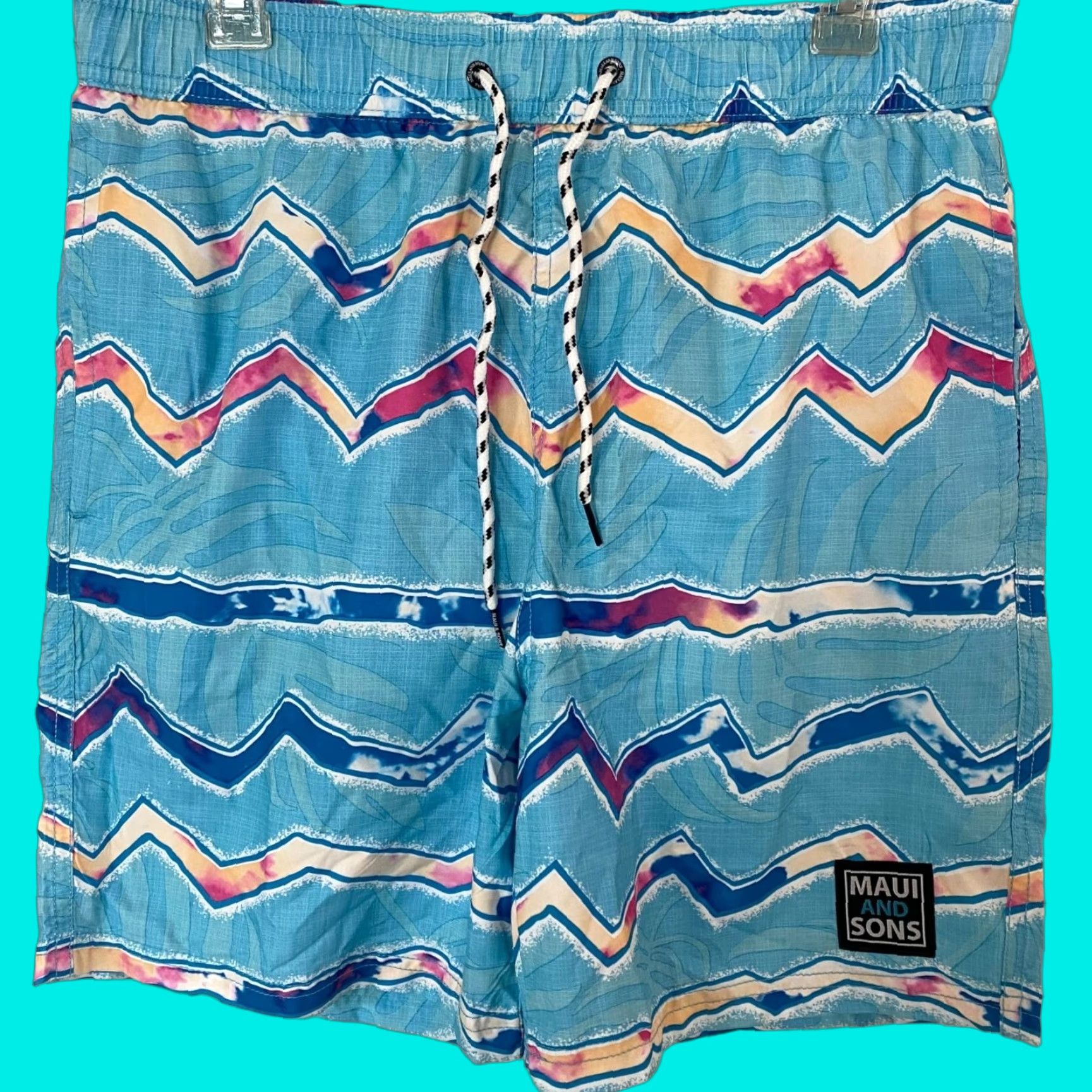Vintage Maui & Sons Zig Zag Cruzer Print Blue Beach Pool Swim Trunks Shorts Mens Medium Size US 33 - 1 Thumbnail