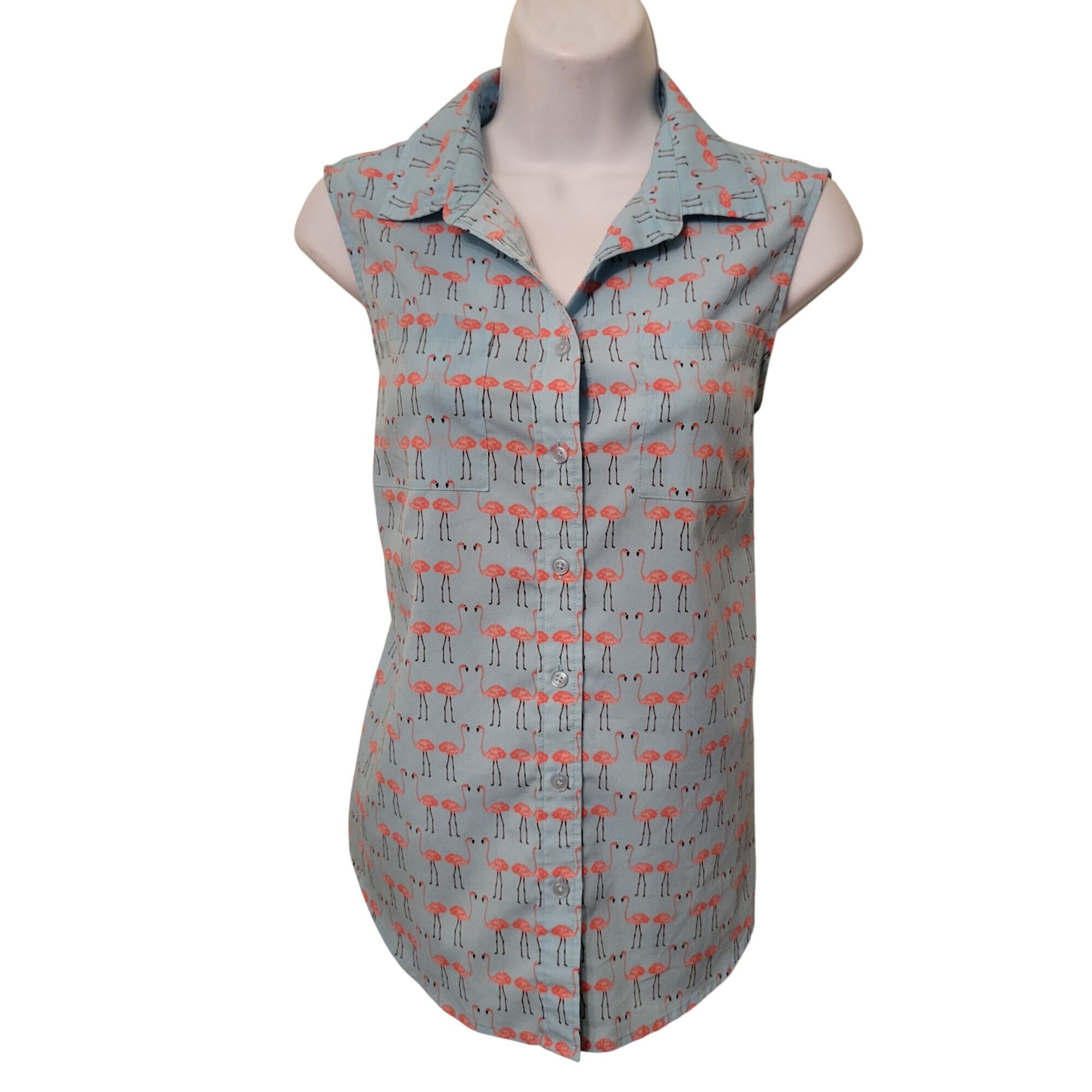 Talbots Talbots Sleeveless Button Front Shirt S Flamingos Blue Pink Size S / US 4 / IT 40 - 1 Thumbnail