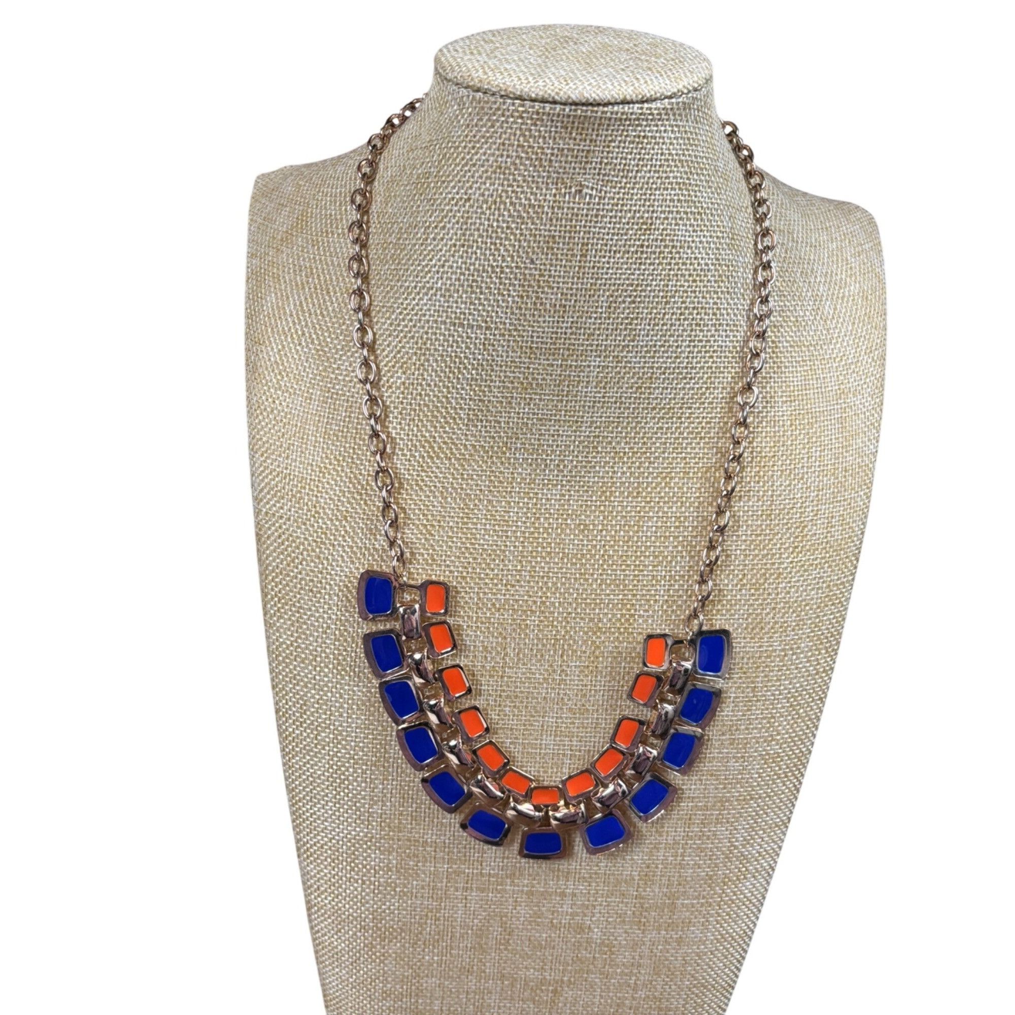 Other Orange & Blue Statement Necklace With Double Row Square Resi Size ONE SIZE - 3 Thumbnail
