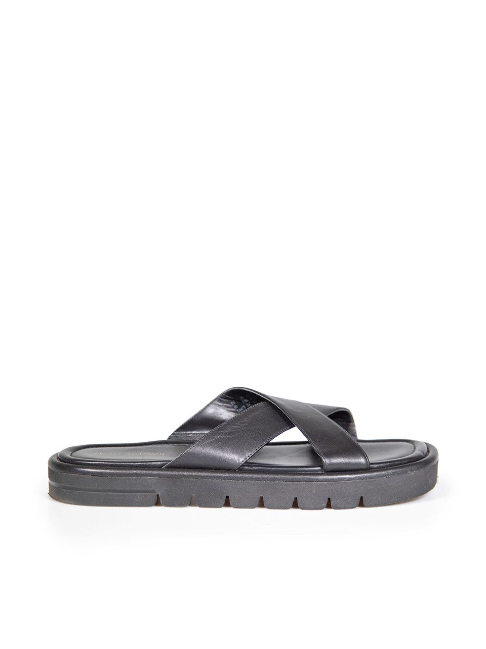 image of Stuart Weitzman Black Leather Cross Strap Slides, Women's (Size 10)