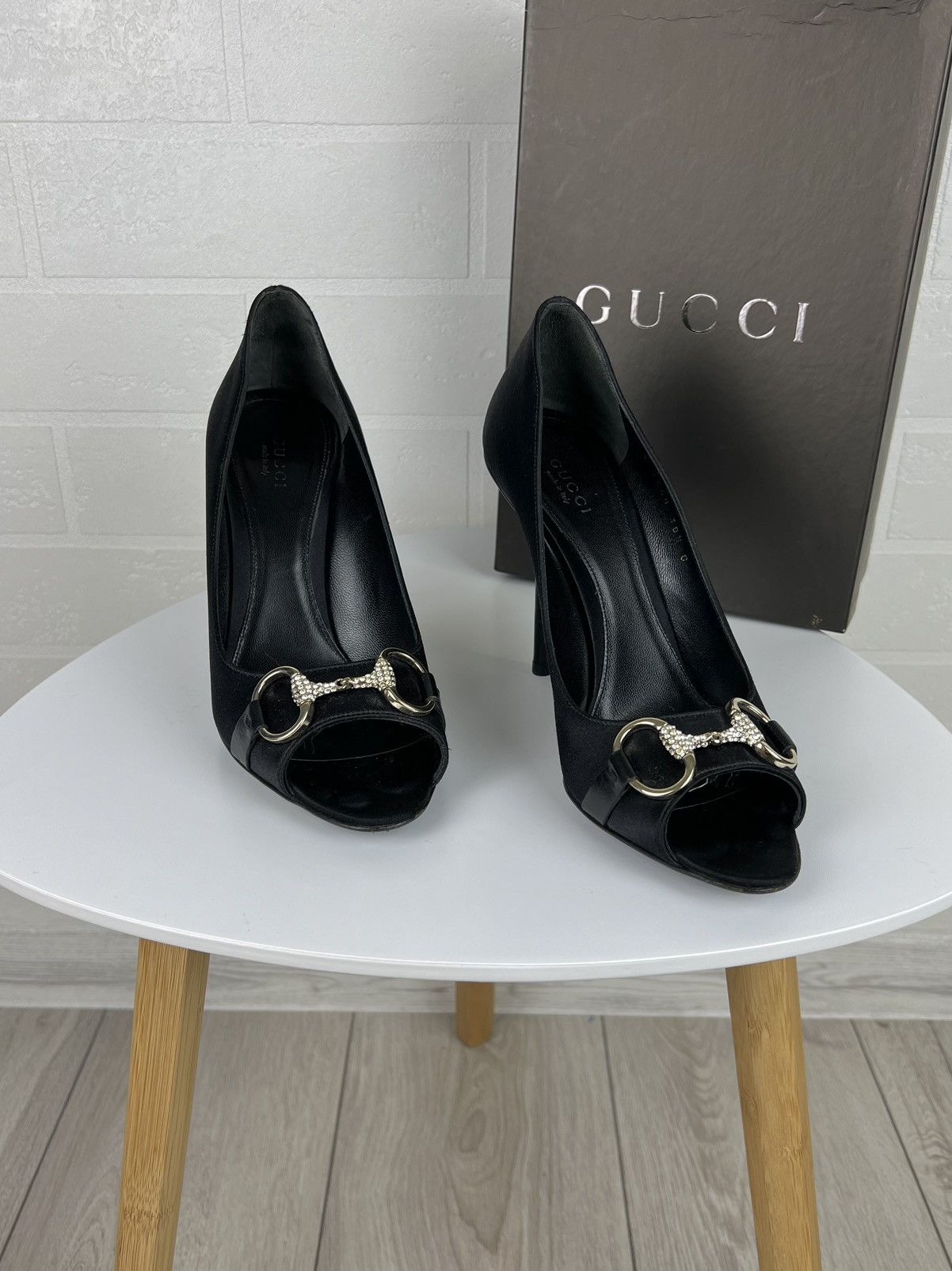 Gucci GUCCI Heels Satin Shoes Rhinestone Crystal Horsebit Peep Toe Size US 8.5 / IT 38.5 - 1 Thumbnail