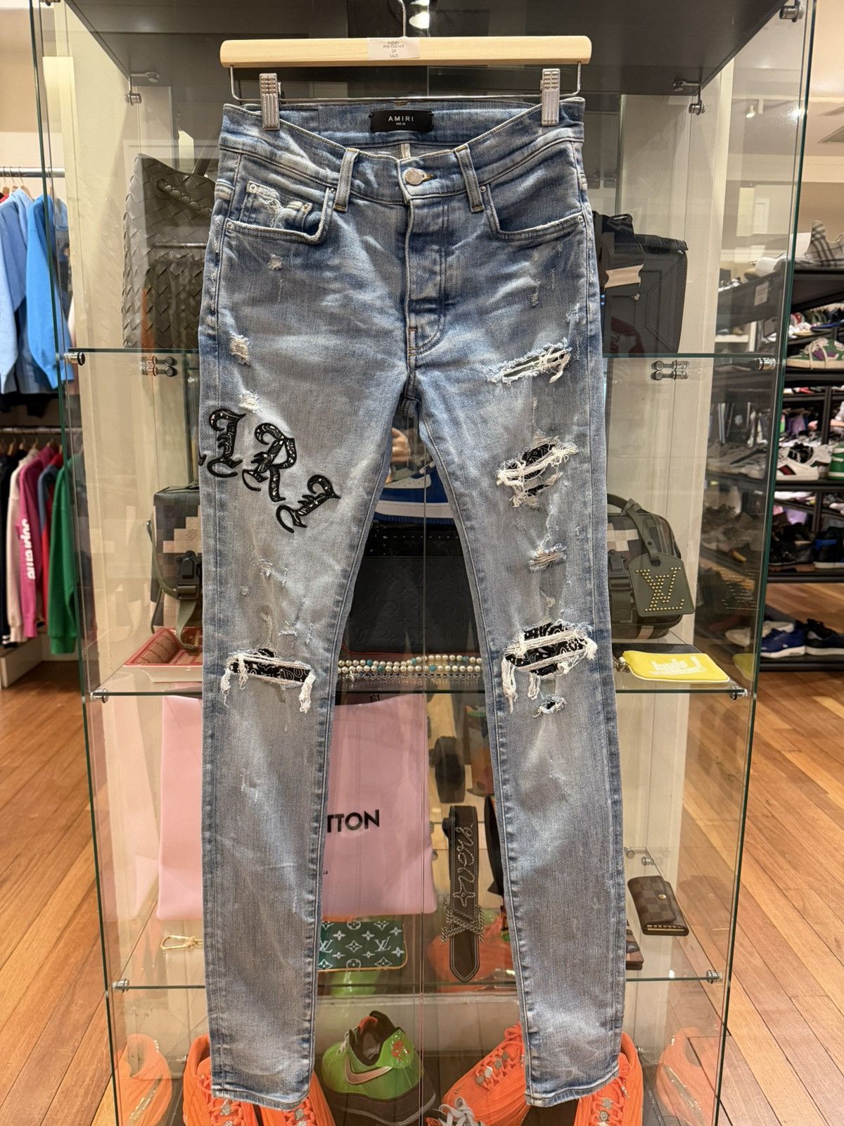 Amiri Old English Logo Distressed Skinny Jeans