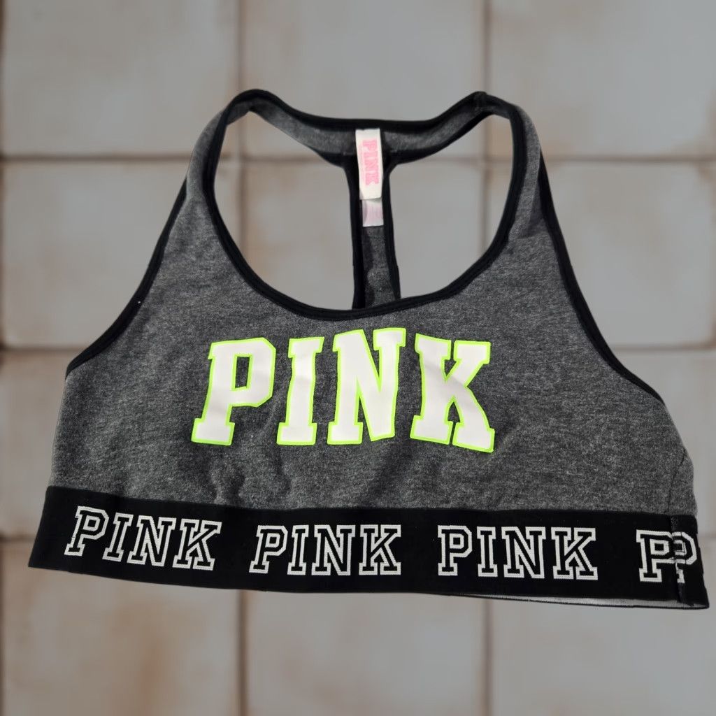 Pinko Vintage Pink Sports Bra Women Small Gray Racerback Pullover Activewear Wireless Logo in Grey