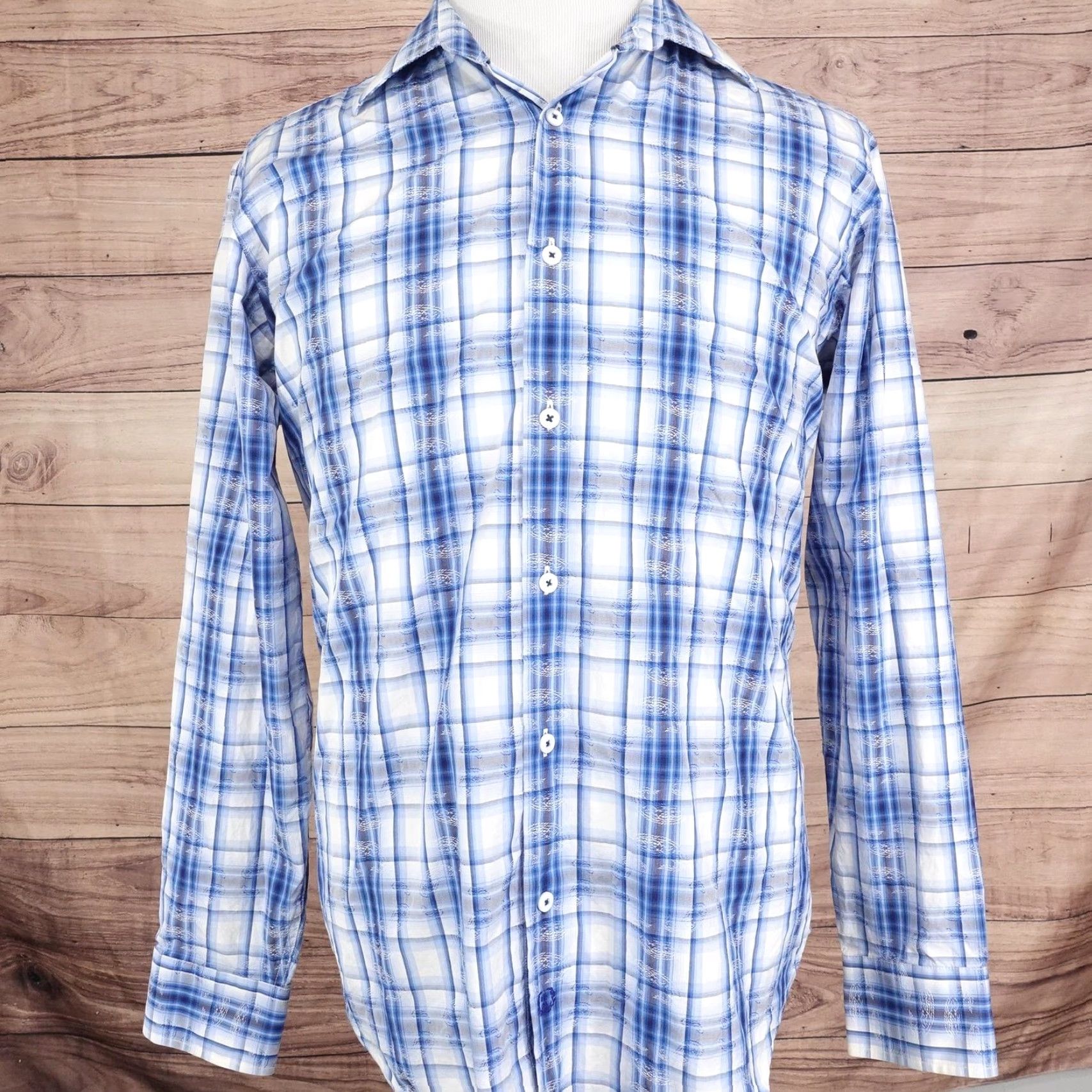 BUGATCHI Bugatchi Uomo Shirt Mens Large Blue Plaid Long Sleeve Button-Down Cotton Shirt Size US L / EU 52-54 / 3 - 3 Thumbnail