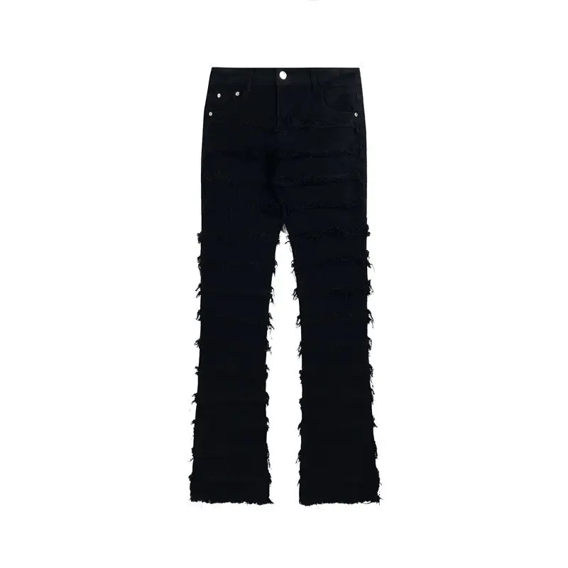 Jean × Vintage Black Striped Tassel Frayed Straight Baggy Jeans Pants Size US 32 / EU 48 - 3 Thumbnail