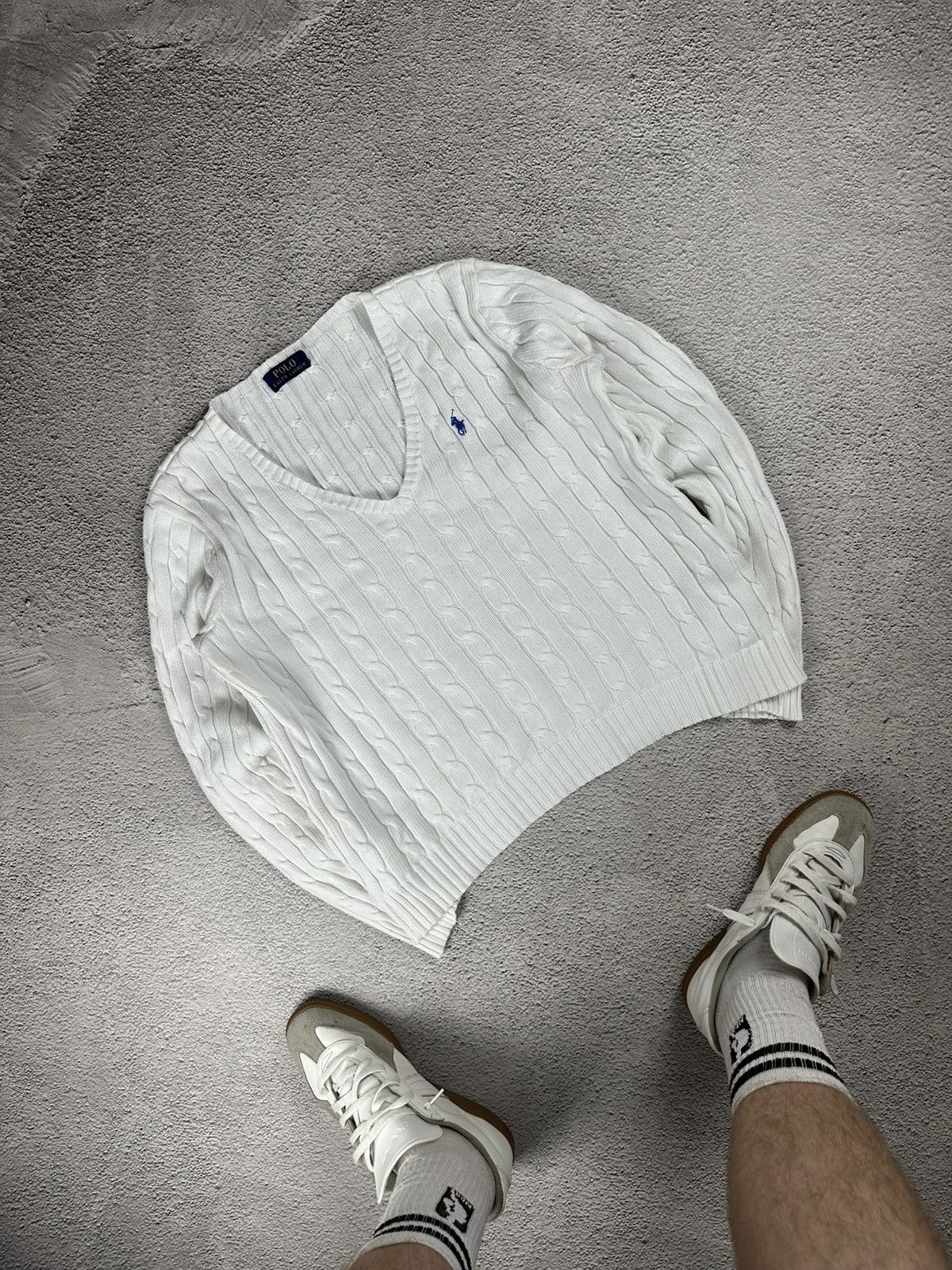 Polo Ralph Lauren Polo Ralph Lauren Cable Knit V-Neck Sweater White Striped Size L / US 10 / IT 46 - 1 Thumbnail