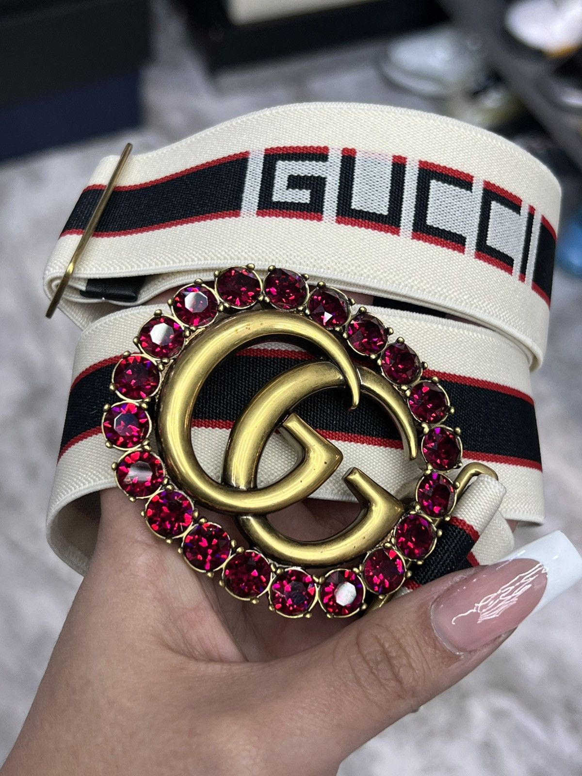 Gucci Gucci Marmont Crystal Canvas Belt Size ONE SIZE - 2 Thumbnail