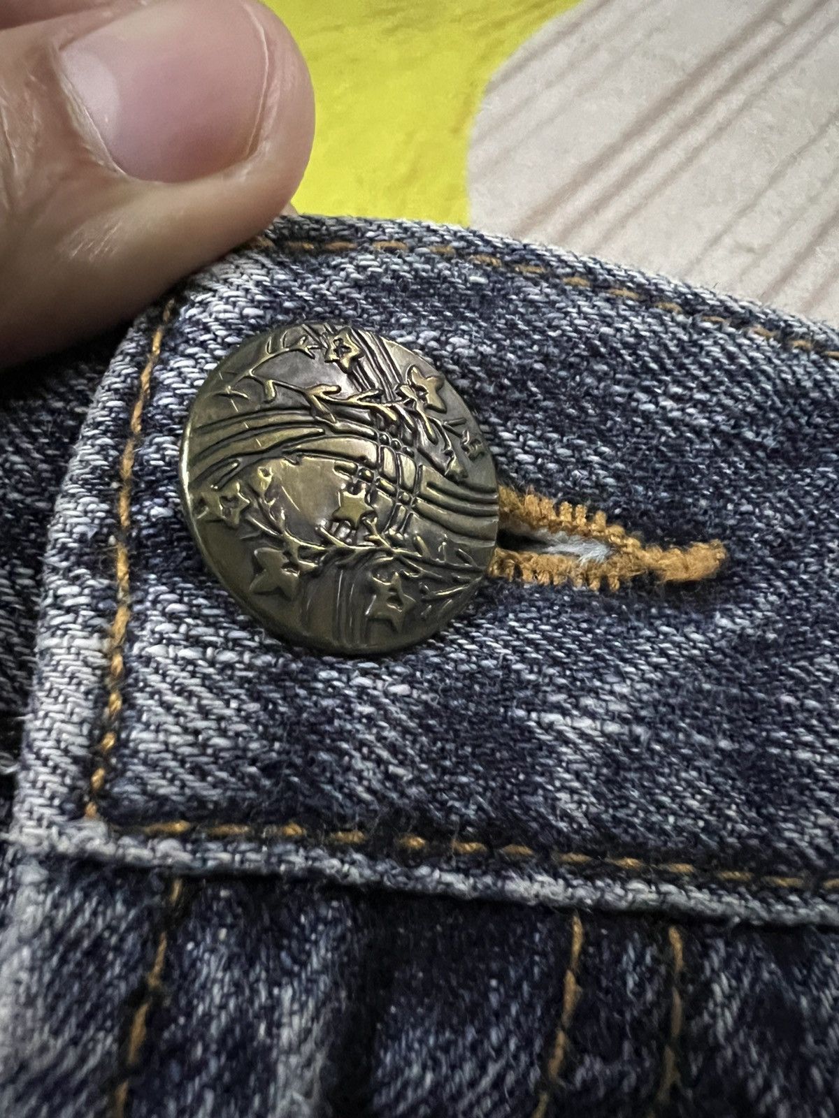 Japanese Brand Karakuri Tamashi Style Koi Fish Embroidery Mud Wash Jean Size US 35 - 13 Thumbnail