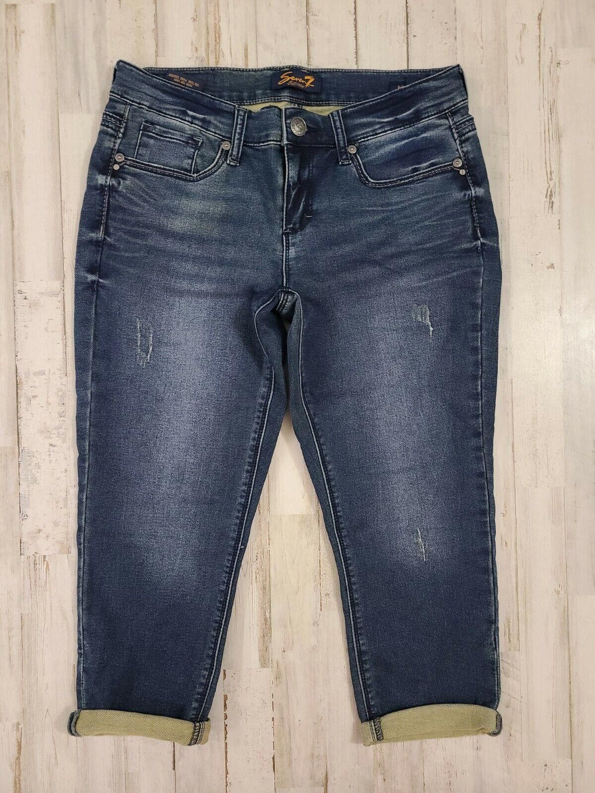 Designer Seven Jeans Size 4 Girlfriend Capris Dark Wash Distressed Size 27" / US 4 / IT 40 - 1 Thumbnail