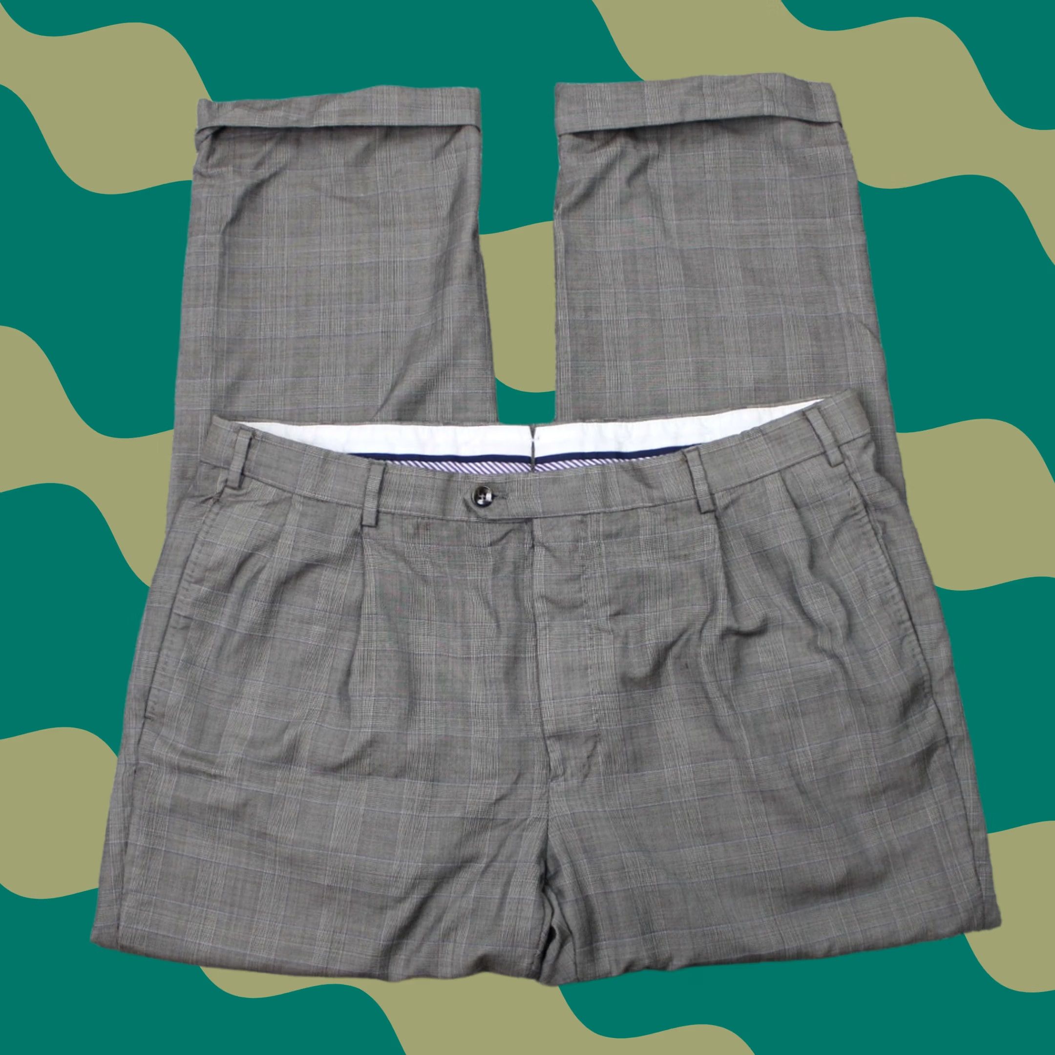 J. Hillburn Dress Pants Mens 36x30 Gray Check Pleated Cuffed Straight Wool, Men's