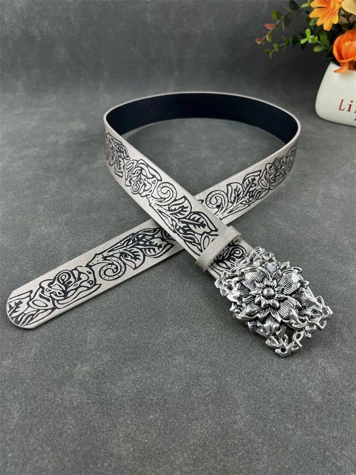 Leather Floral-Embossed Silver Buckle Belt Size ONE SIZE - 1 Thumbnail