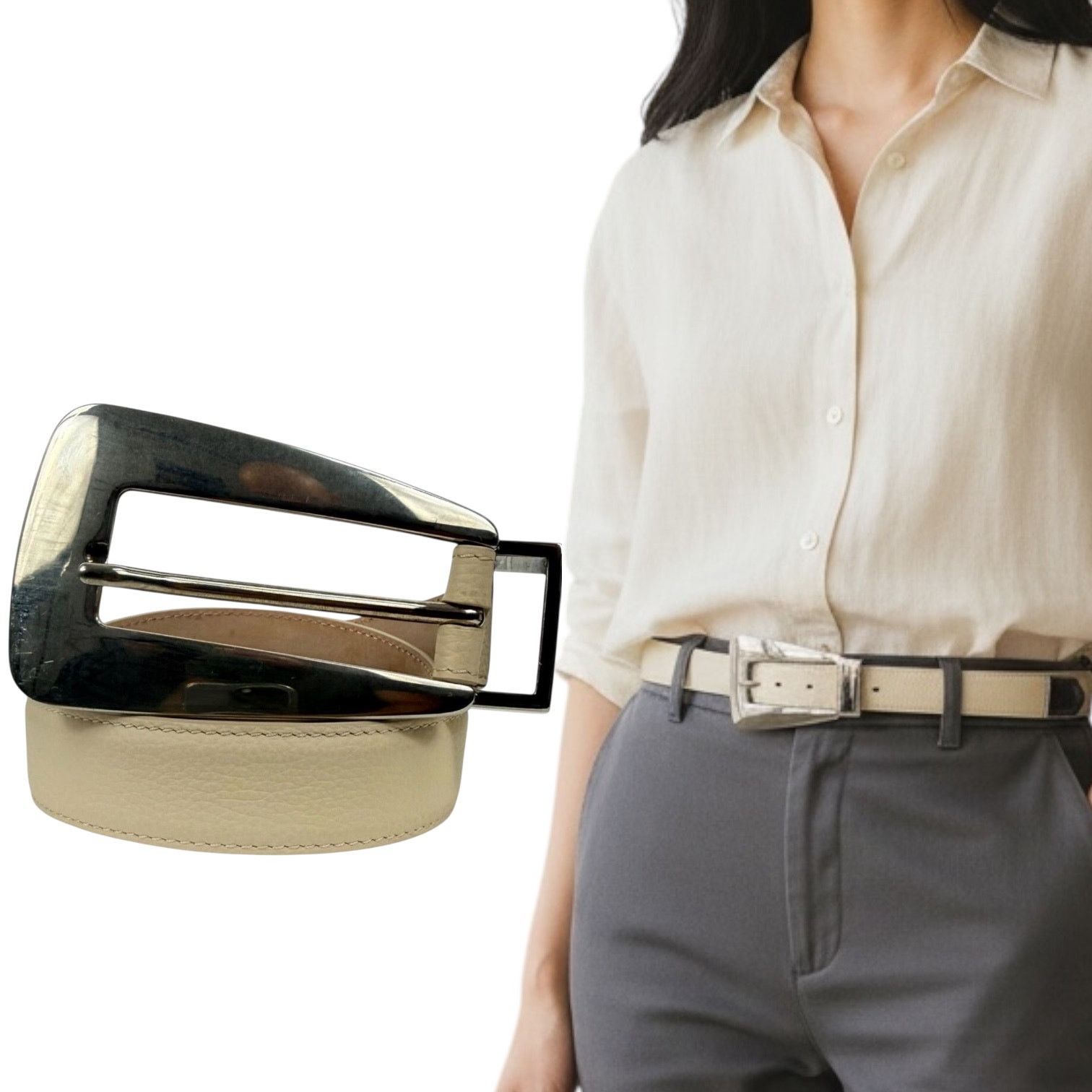 KHAITE Khaite Lucca Leather Belt Solid Brass Buckle Dark Ivory 90 Size ONE SIZE - 1 Thumbnail