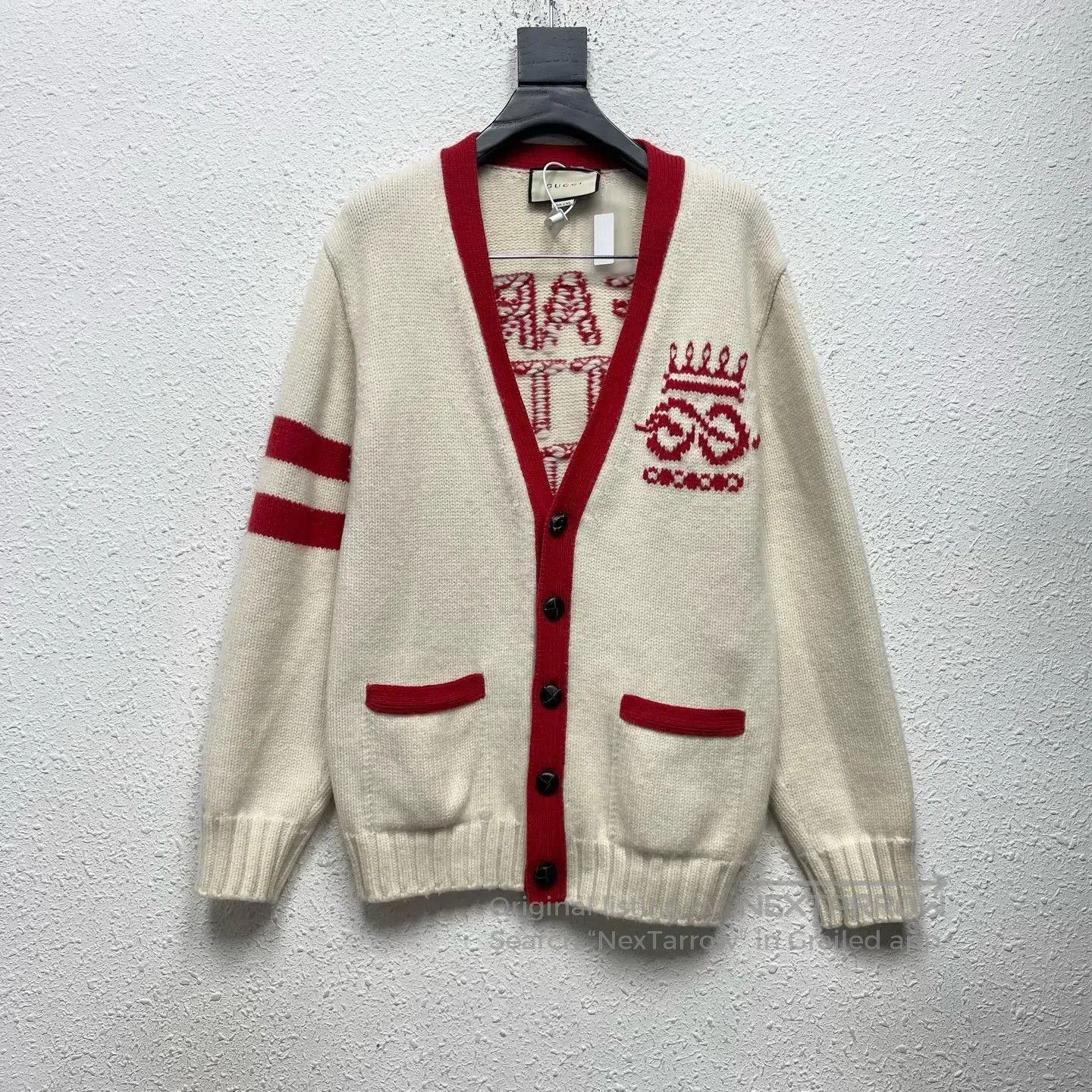 Gucci Guicci White letter pattern embroidered wool cardigan Size S / US 4 / IT 40 - 1 Thumbnail