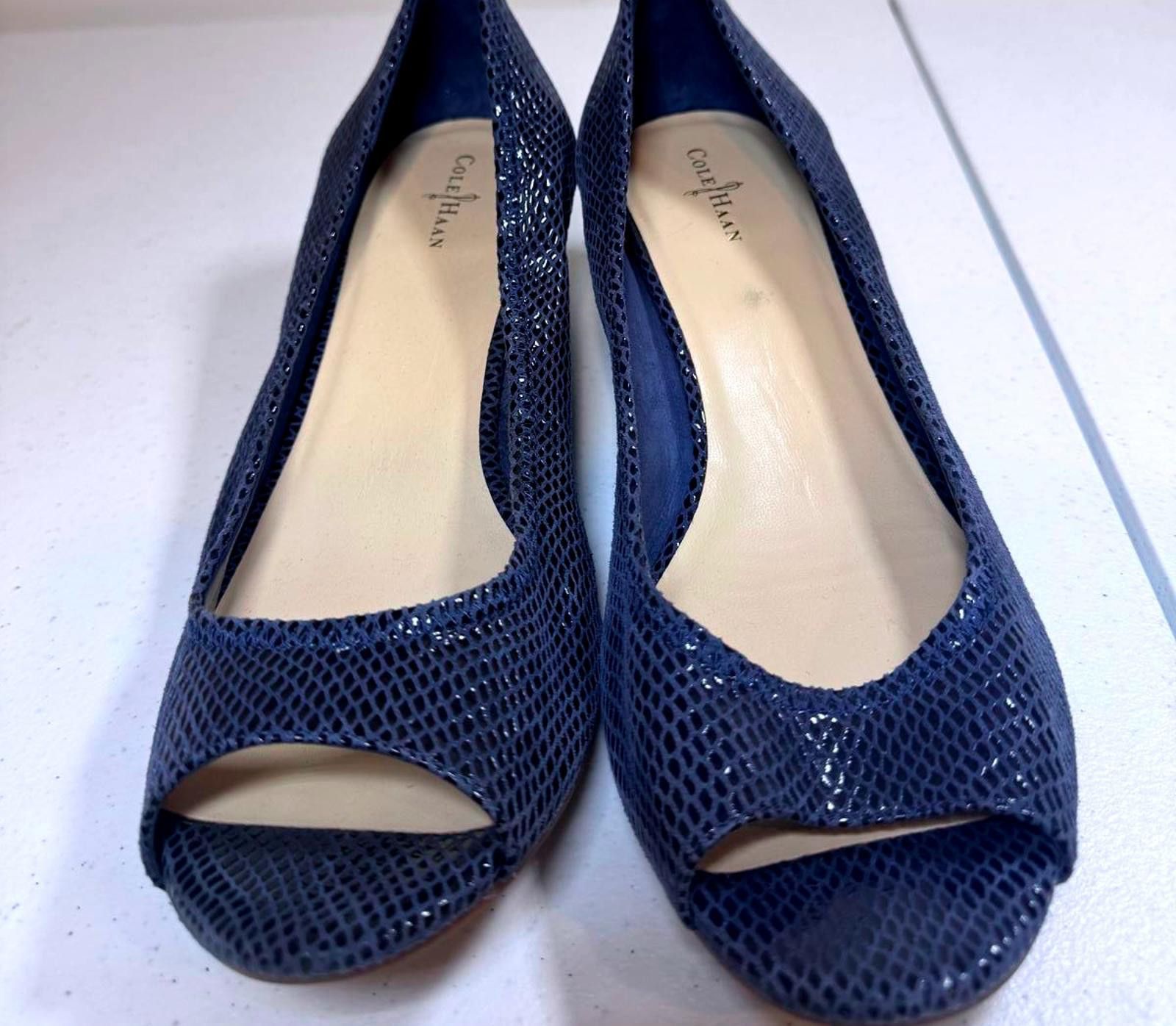 Cole Haan Navy Blue Peep-Toe Wedge Heels