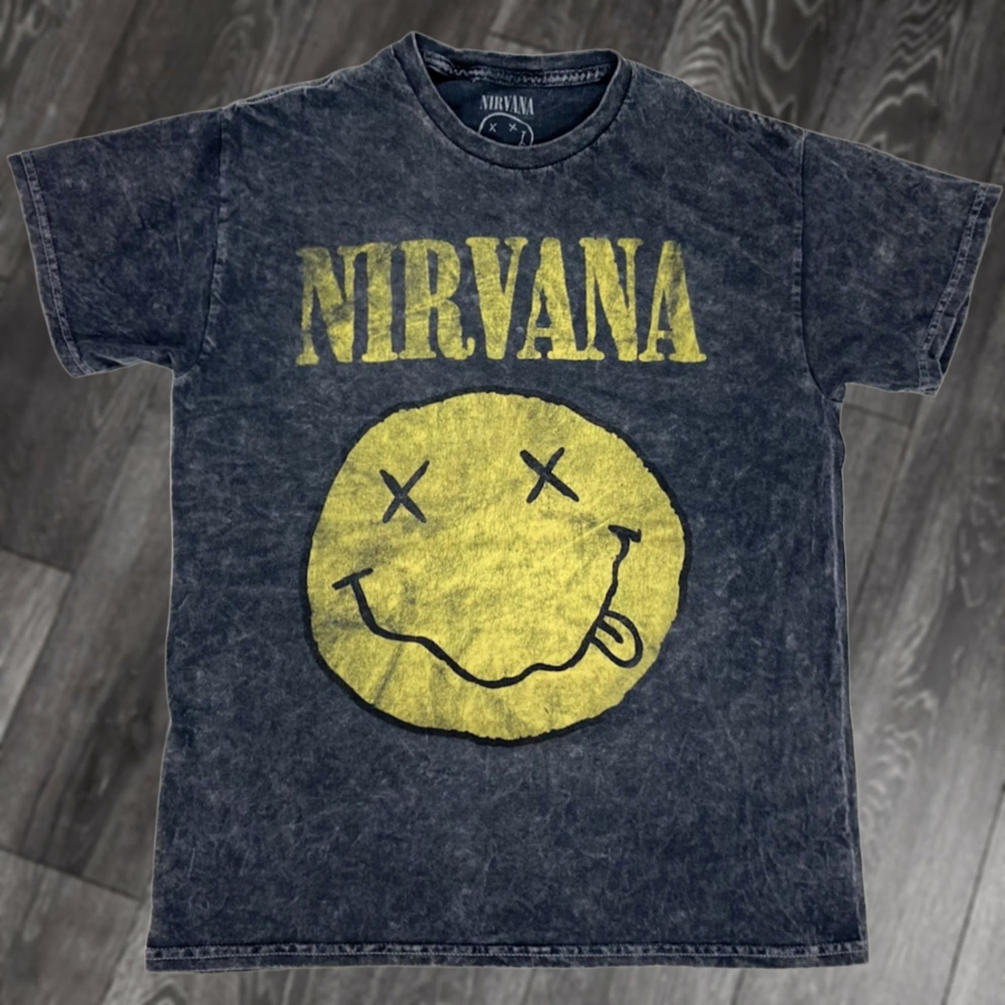 Vintage Nirvana Logo Smiley Graphic T-shirt Women Medium Black Acid Wash Socks? Size M / US 6-8 / IT 42-44 - 1 Thumbnail