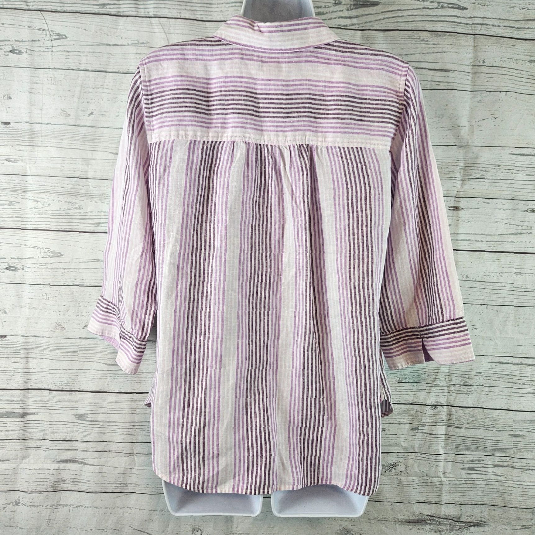 Vintage Chico's Womens No Iron Button Up Top Sz M Purple Stripe 3/4 Sleeve Linen Shirt Adult Medium Womens Size M / US 6-8 / IT 42-44 - 3 Thumbnail