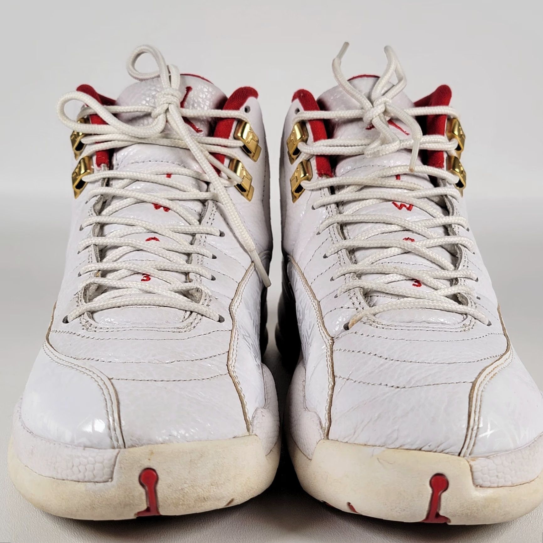 Jordan Brand Nike Air Jordan 12 Retro White/Red/Metallic Gold Mens Size 11 US Leather Upper High Top Sneaker Basketball Casual Size ONE SIZE - 4 Thumbnail