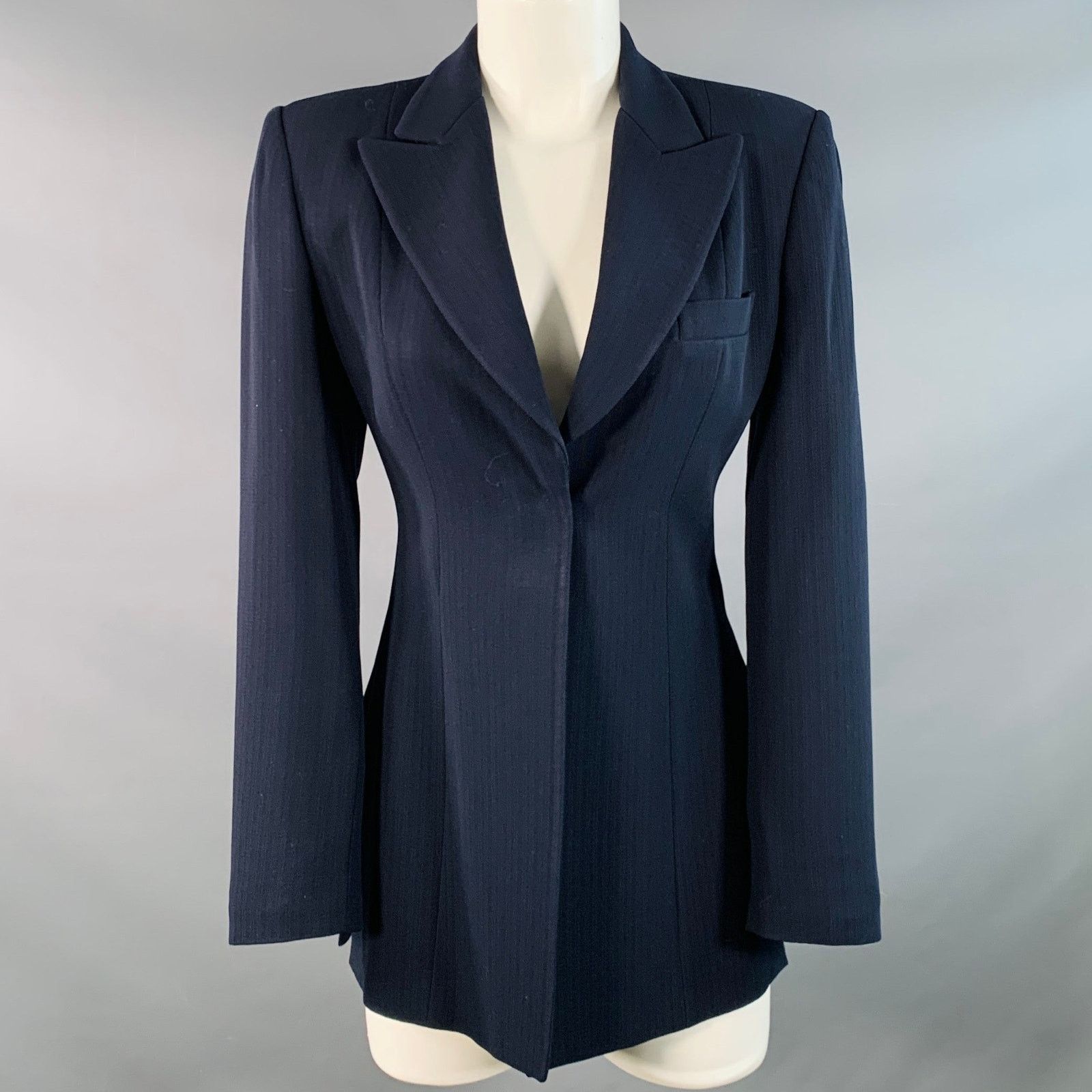 Emporio Armani Size 4 Navy Wool Blend Stripe Single Button Jacket Blazer Size S / US 4 / IT 40 - 1 Thumbnail