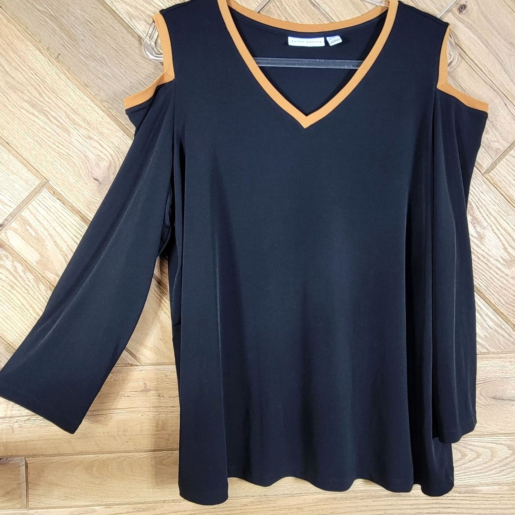 Vintage Susan Graver Tunic Blouse V-Neck Womens XL Black Brown Trim Shirt Dressy Size XL / US 12-14 / IT 48-50 - 3 Thumbnail
