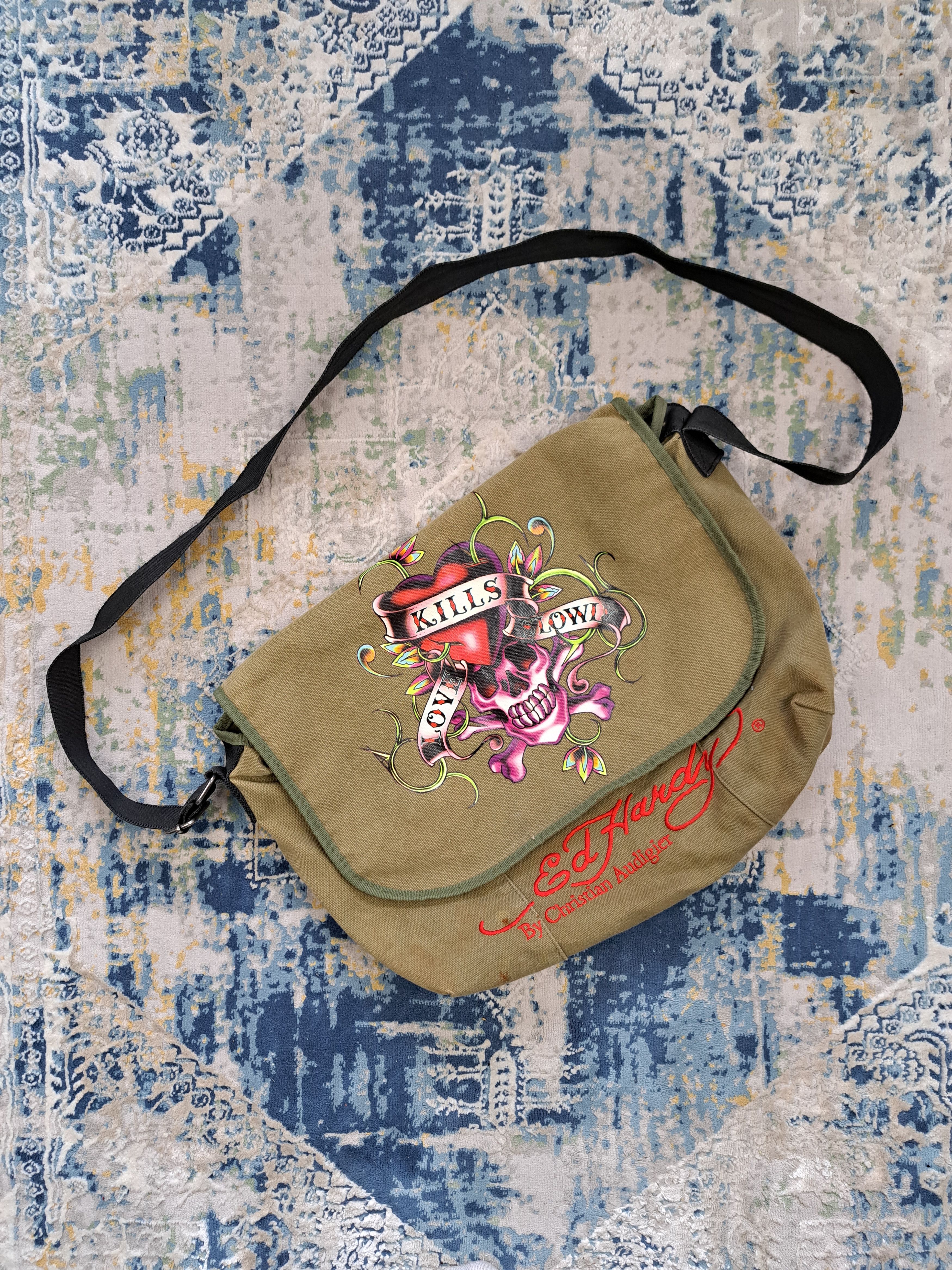 image of Avant Garde x Ed Hardy Vintage Y2K Ed Hardy Messenger Bag Archive 00S Drip Tattoo in Khaki, Men's