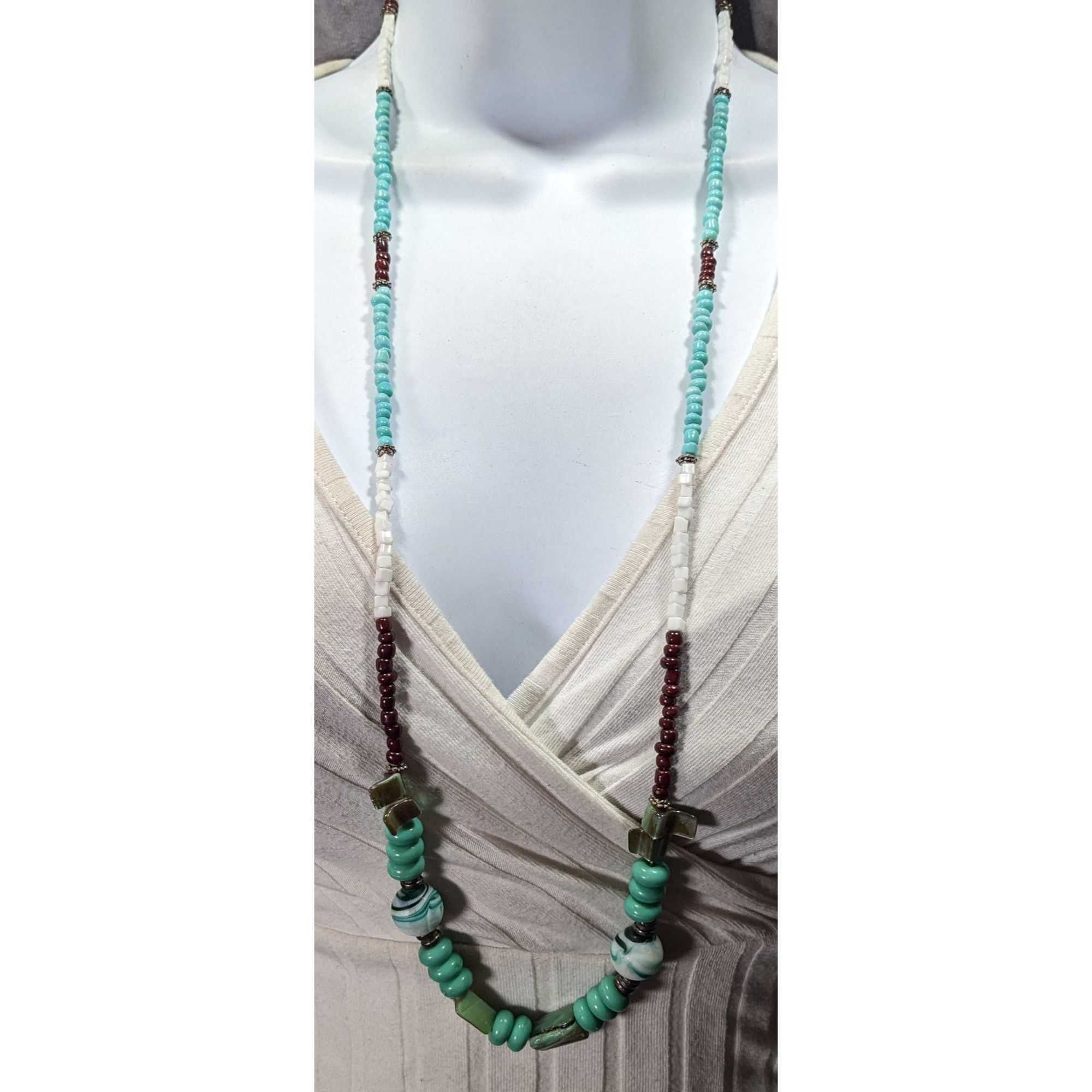 Other Vintage Turquoise And Brown Shell Stone And Glass Beaded Nec Size ONE SIZE - 2 Thumbnail