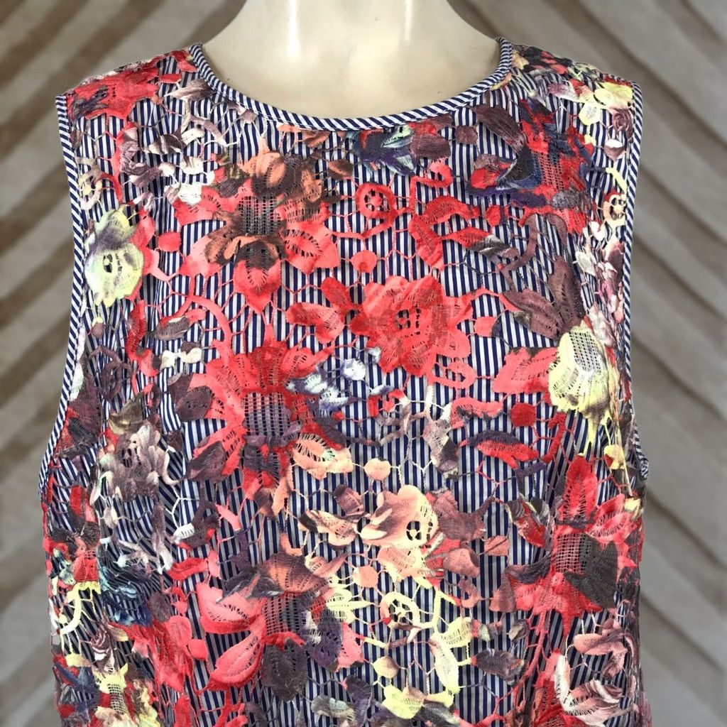 Vintage HALOGEN WOMEN'S XL FLORAL SLEEVELESS ROUND NECK STRIPE SHIFT DRESS Size XL / US 12-14 / IT 48-50 - 1 Thumbnail