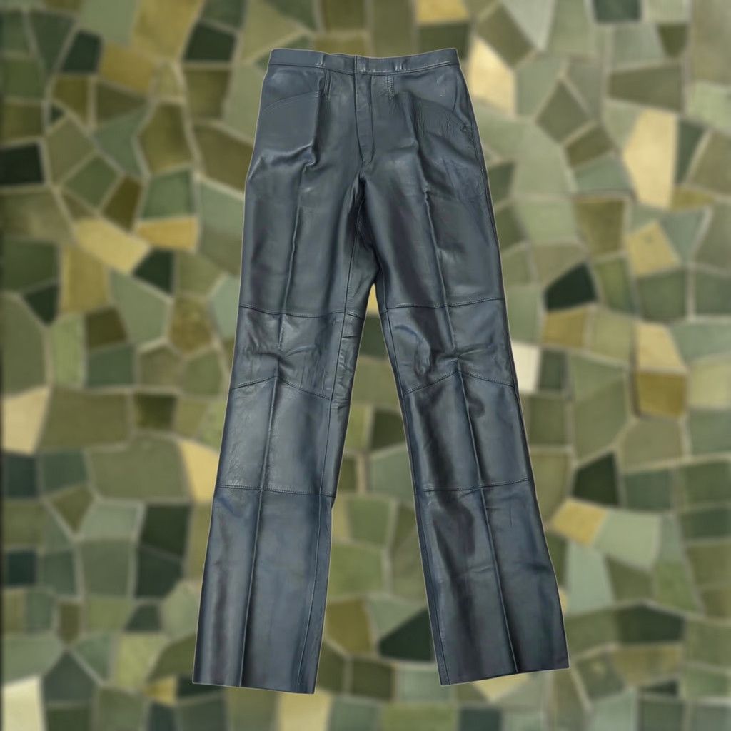 Vintage VINTAGE 80s Lederly Black Leather Straight Leg Moto Pants Womens 28 in Waist 14" Rise 10.5" Inseam 32" Medium Regular Size 28" / US 6 / IT 42 - 1 Thumbnail