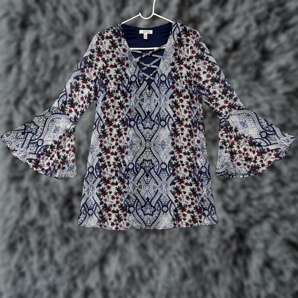 Vintage Speechless Mini Dress XS Blue Floral Chiffon Bell Sleeve Shift Boho Party Disco Size XS / US 0-2 / IT 36-38 - 1 Thumbnail